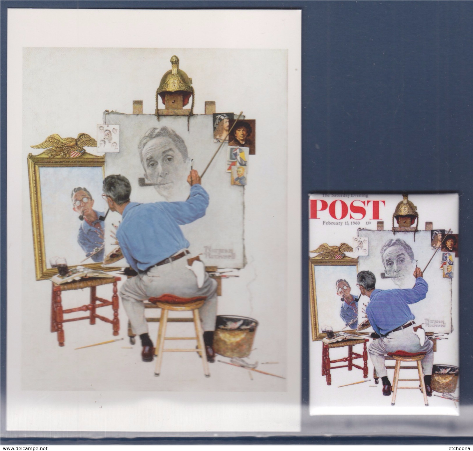 = MOI! Autoportrait Du XXè Sècle Norman Rockwell Triple Autoportrait 1960 Carte + Magnet - Schilderijen