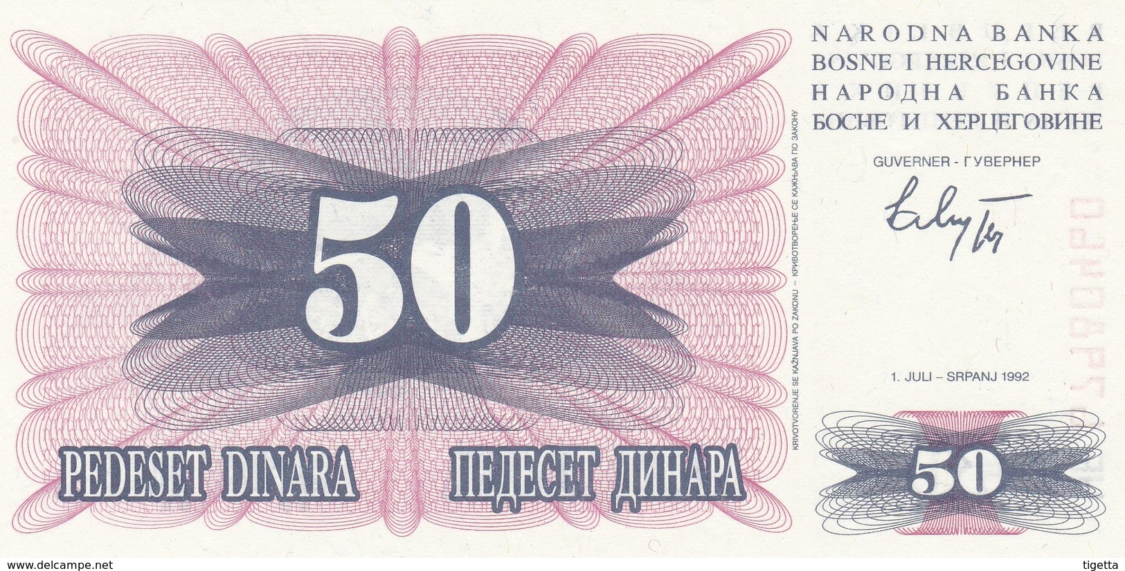 BOSNIA HERZEGOVINA 50 DINARA 1992 FDS - Bosnia Y Herzegovina