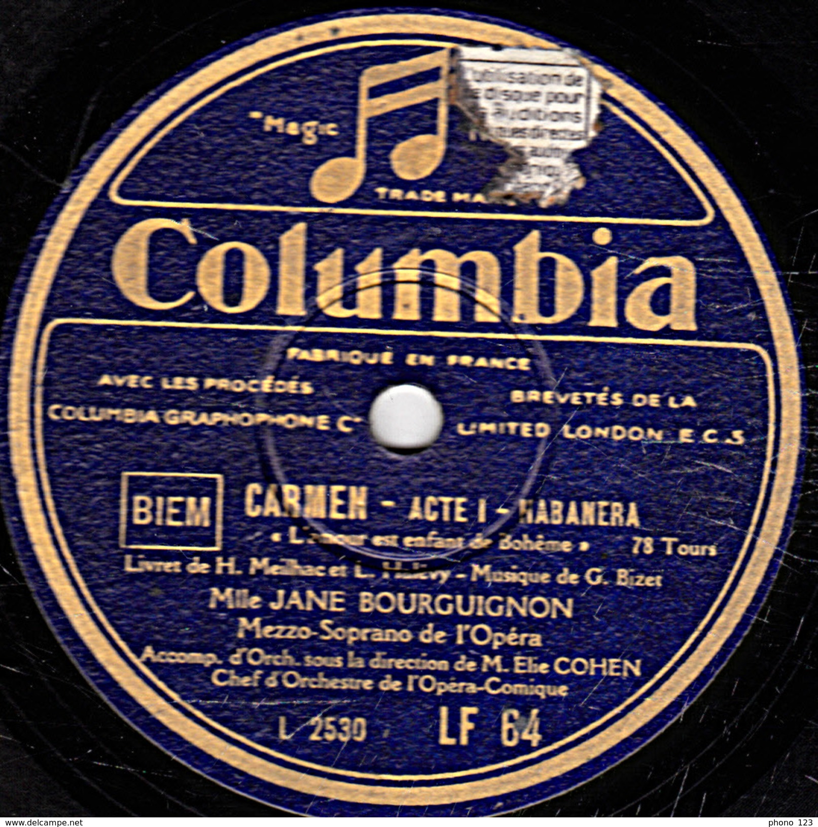 78 T. - 25 Cm - état  M -  JANE BOURGUIGNON - CARMEN   L'amour Est Enfant De Bohême  AIR DES CARTES - 78 T - Disques Pour Gramophone