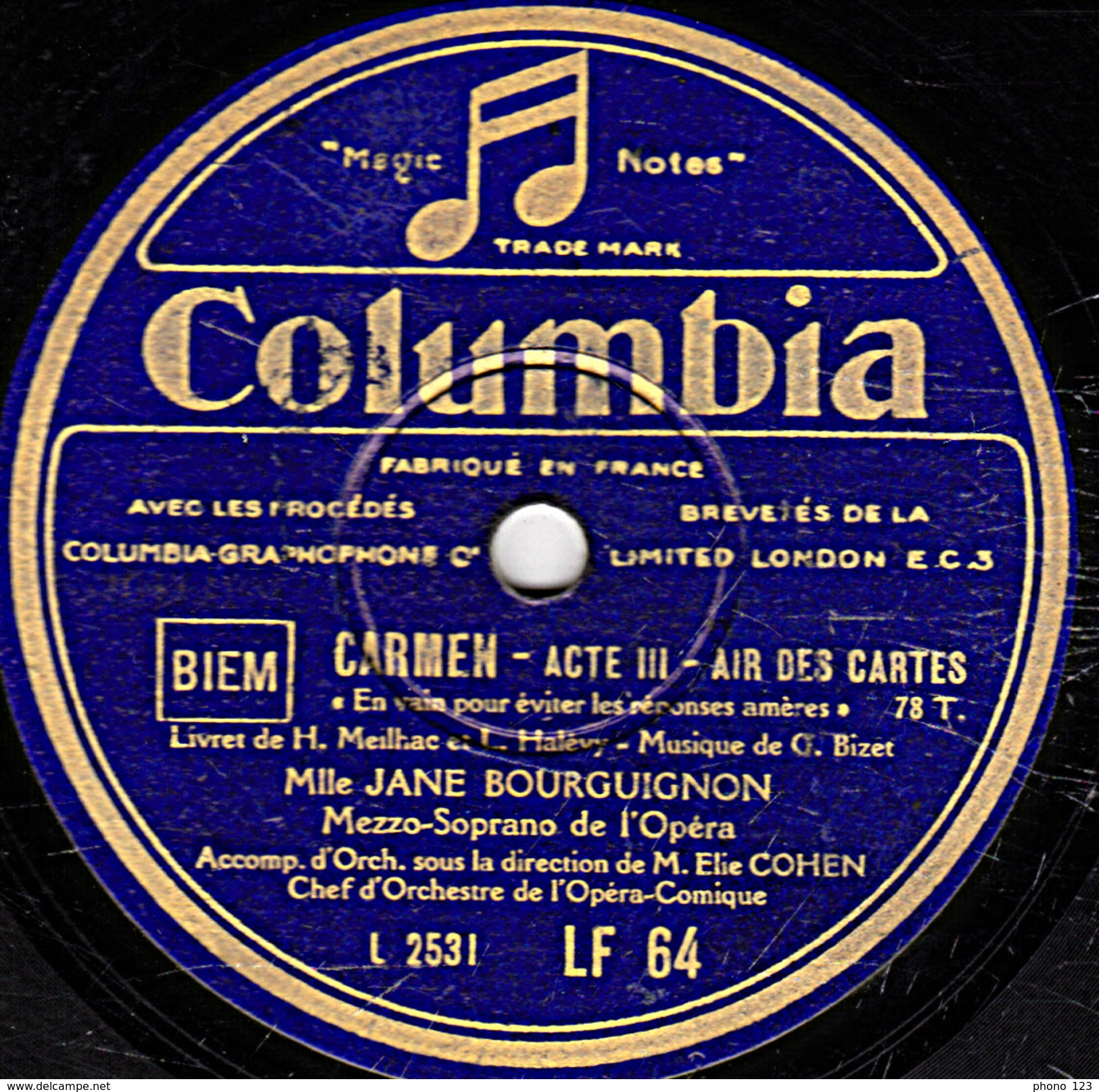 78 T. - 25 Cm - état  M -  JANE BOURGUIGNON - CARMEN   L'amour Est Enfant De Bohême  AIR DES CARTES - 78 T - Disques Pour Gramophone