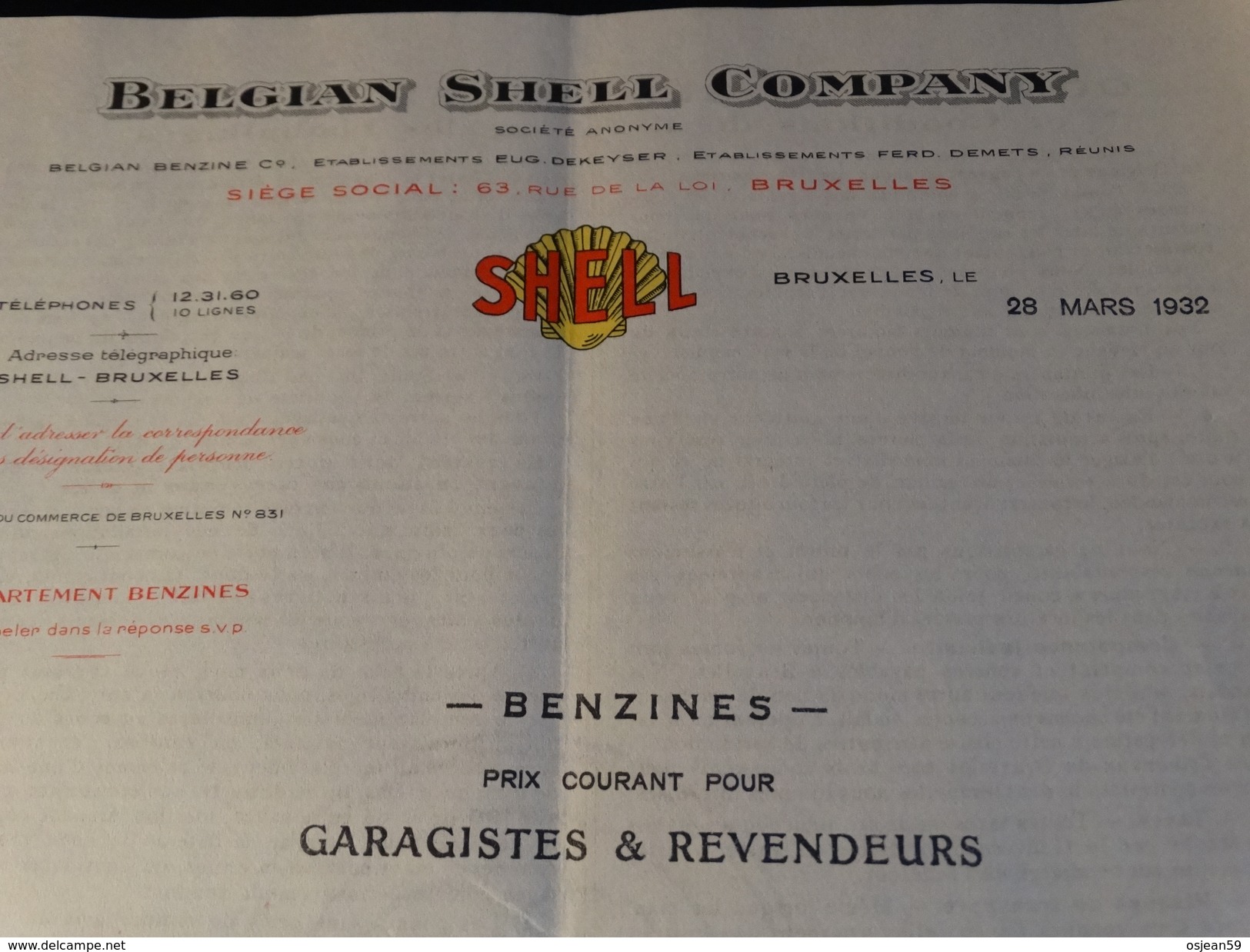 Belgian Schell Company- Benzines-prix Courant Pour Garagistes Et Revendeurs - 28/03/1932 - Automobilismo