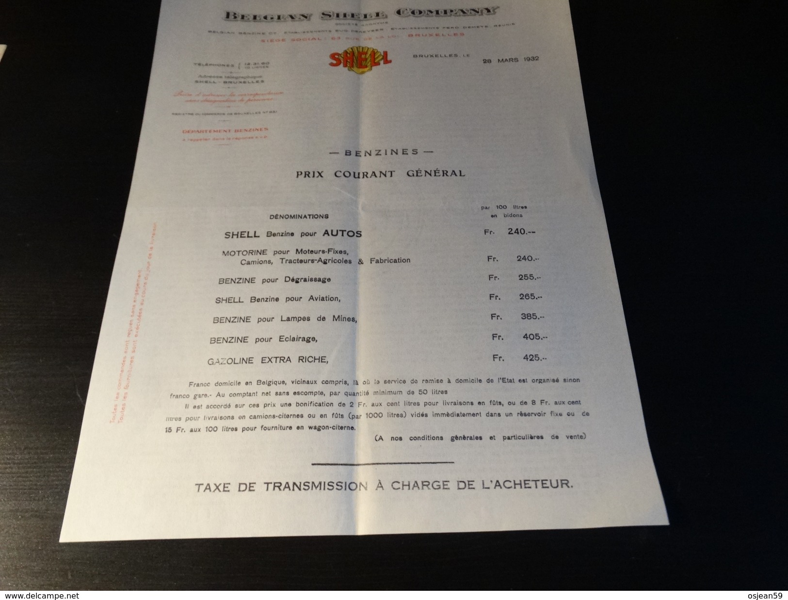 Belgian Schell Company- Benzines-prix Courant Général - 28/03/1932 - Automobile