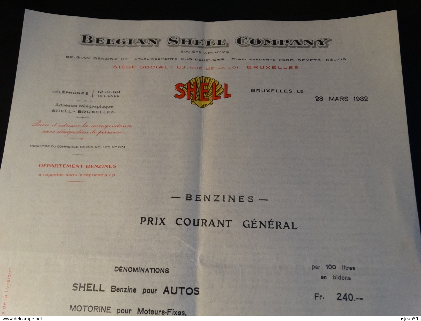 Belgian Schell Company- Benzines-prix Courant Général - 28/03/1932 - Automobile