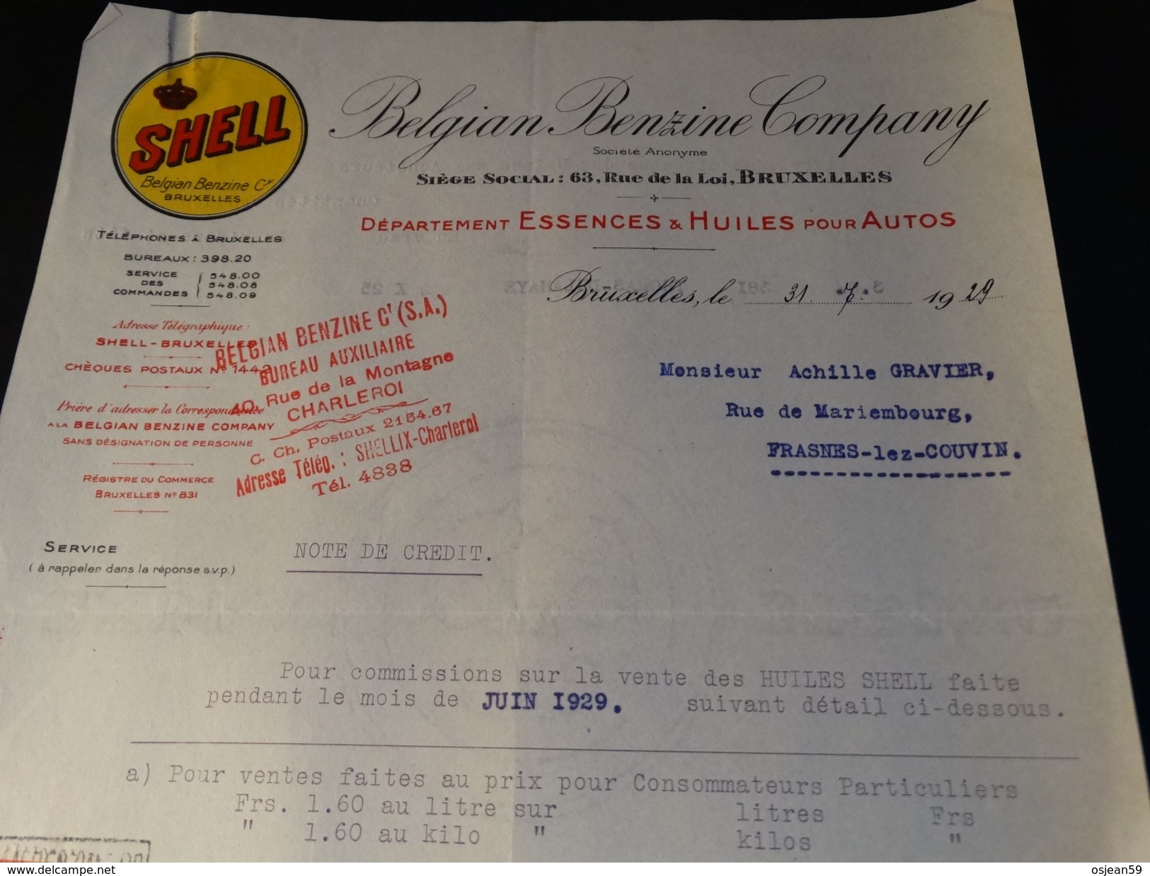 Belgian Schell Company- Factures 31/07/1929 - Automobil