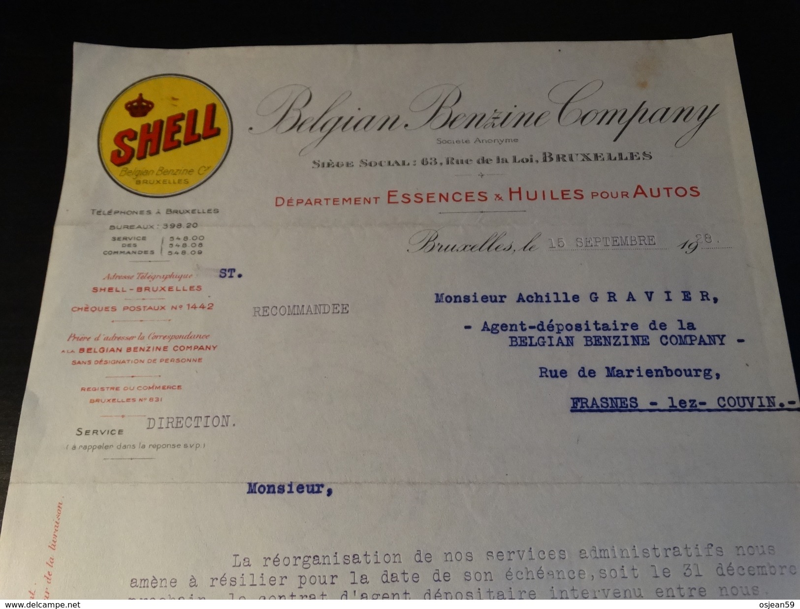 SHELL Belgian Benzine Company - Document Du 15/09/1928 - Automobil