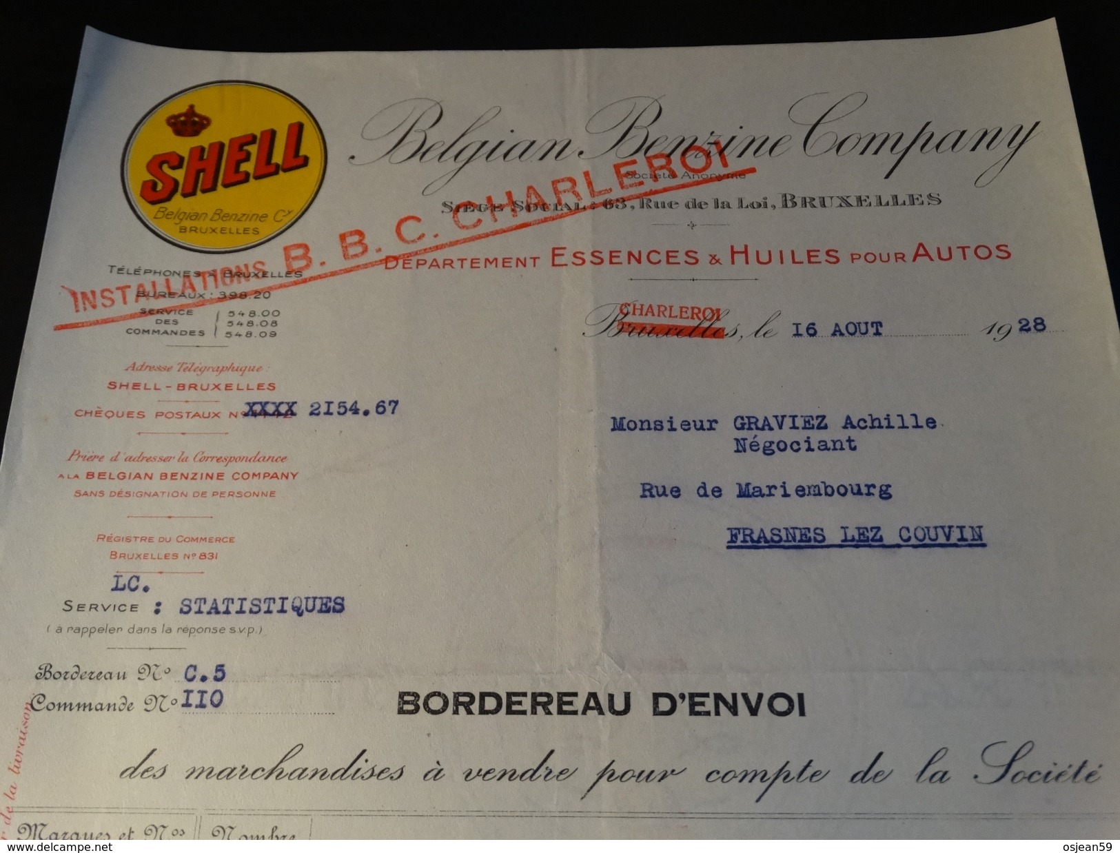 SHELL Belgian Benzine Company - Document Du 16/08/1928 - Automobil