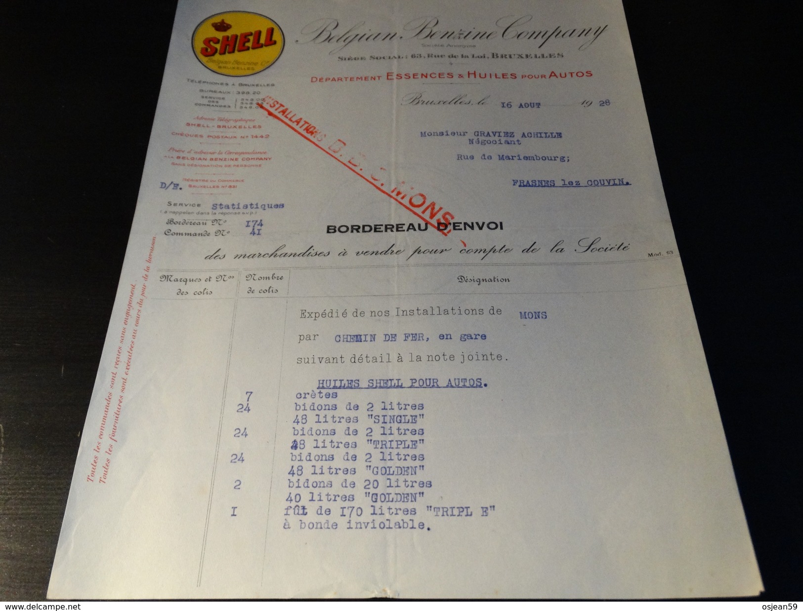 SHELL Belgian Benzine Company - Document Du 16/08/1928 - Automobilismo