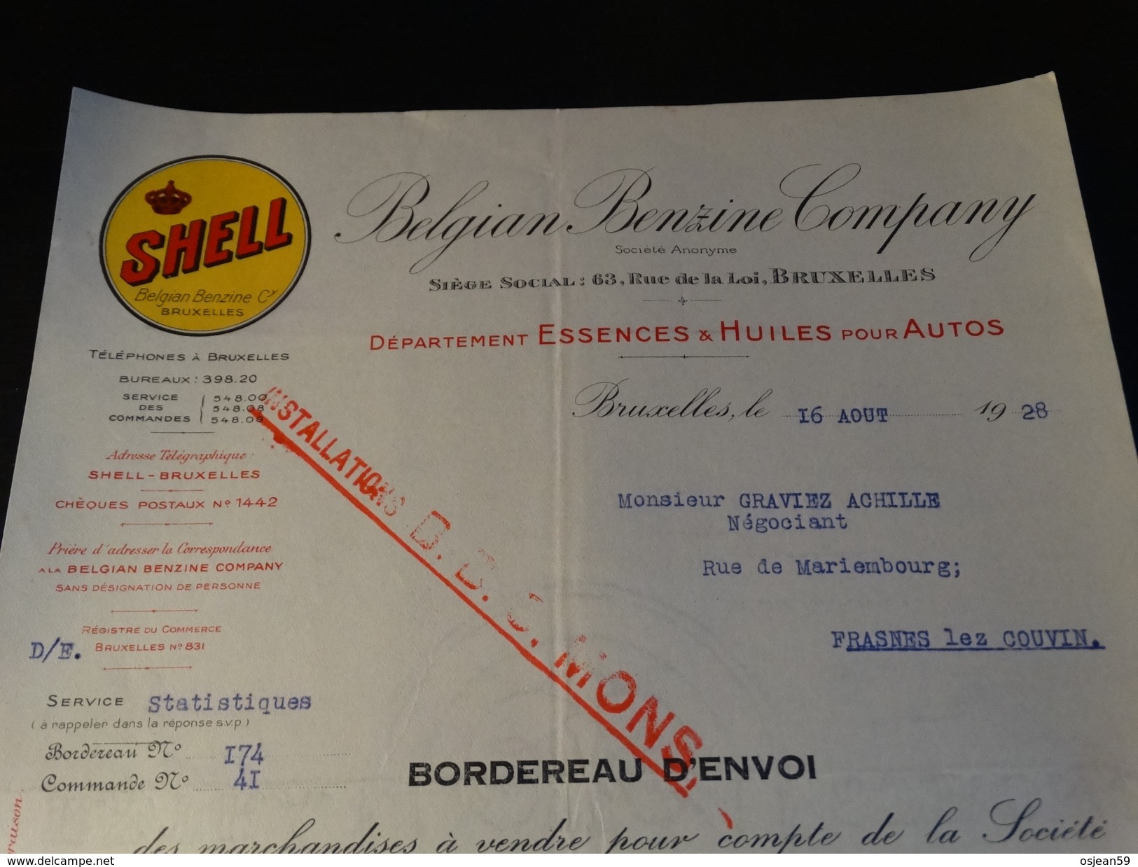 SHELL Belgian Benzine Company - Document Du 16/08/1928 - Automobilismo