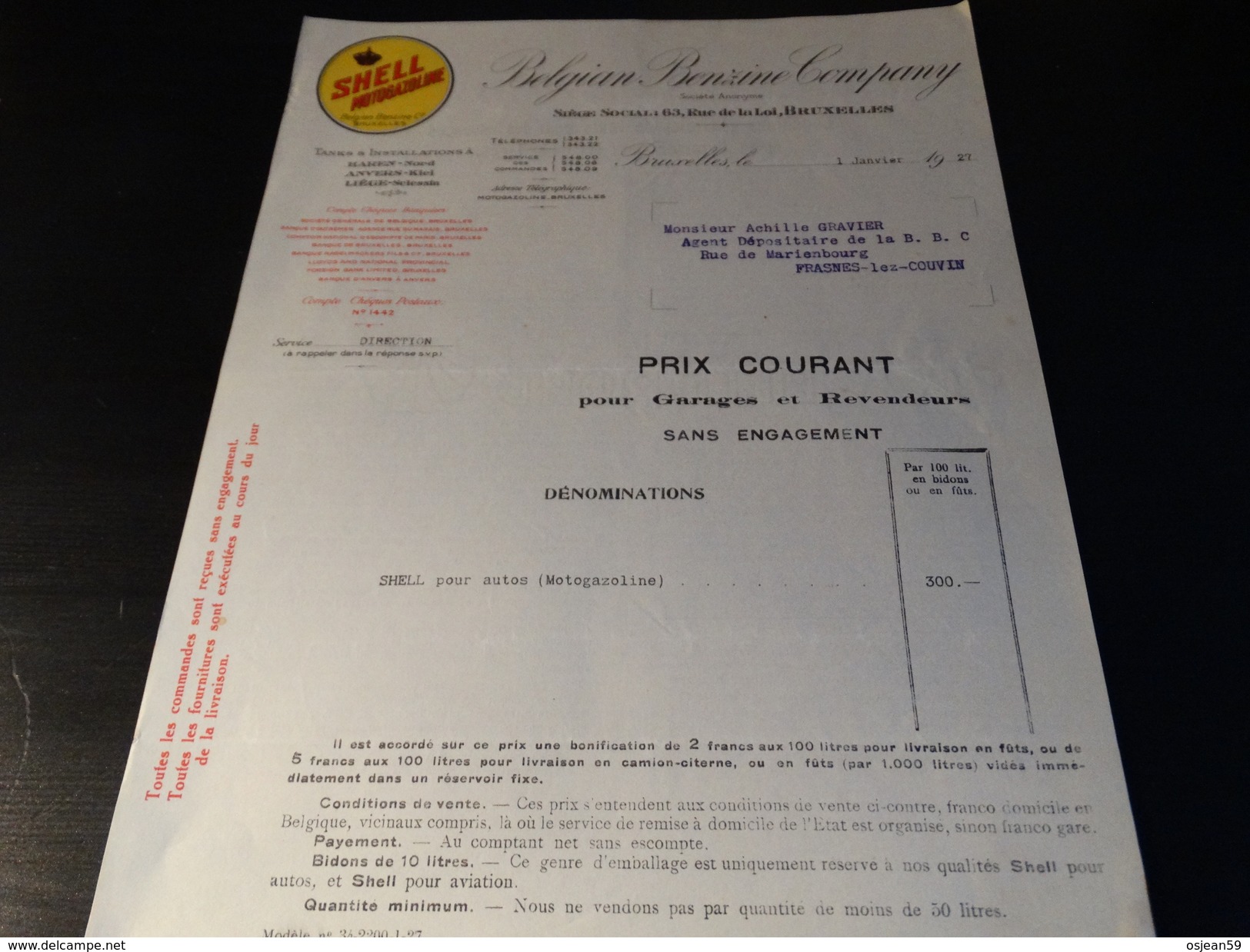 SHELL Belgian Benzine Company - Document Du 01/01/1927 - Automobilismo