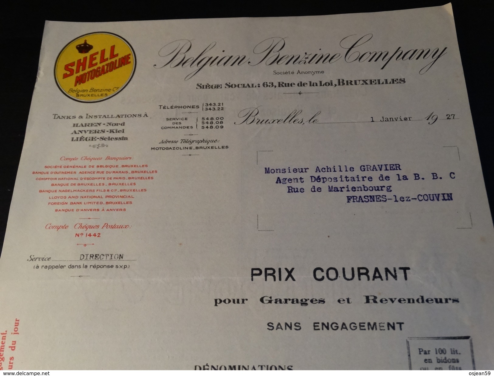 SHELL Belgian Benzine Company - Document Du 01/01/1927 - Automobilismo