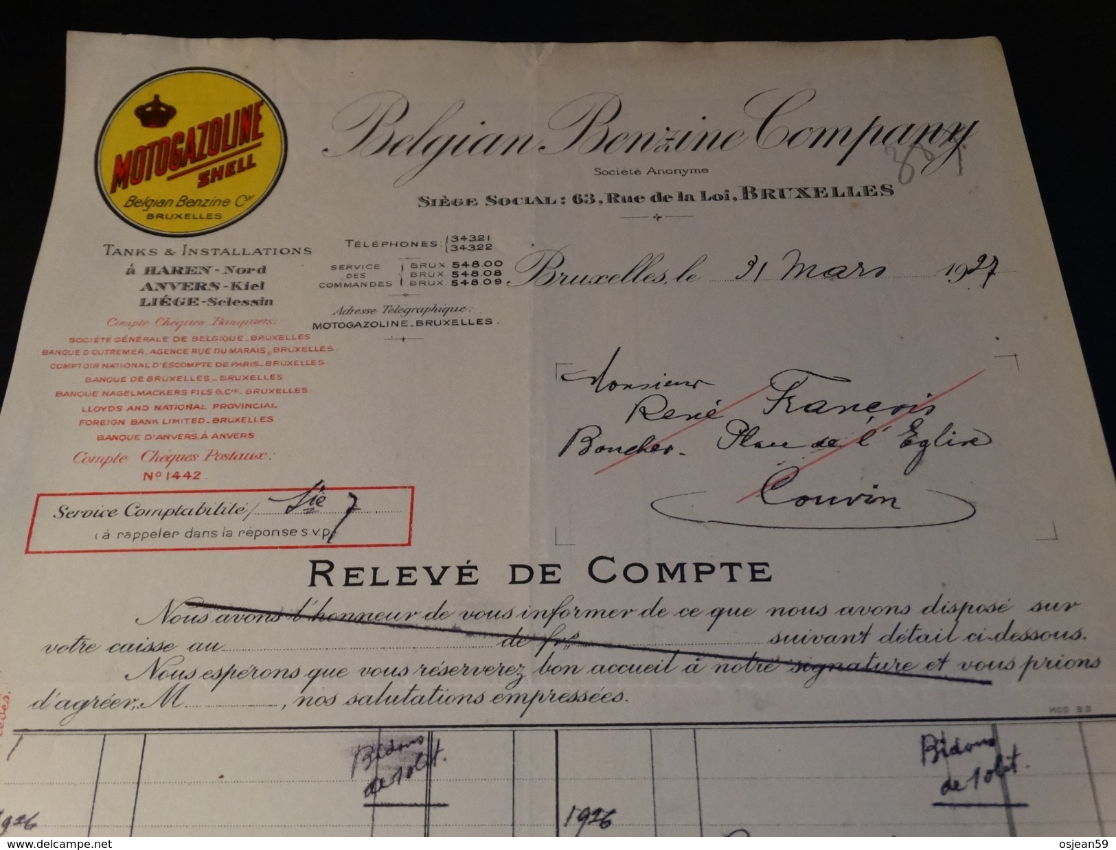 SHELL Belgian Benzine Company - Facture Du 31/03/1927 - Automobilismo