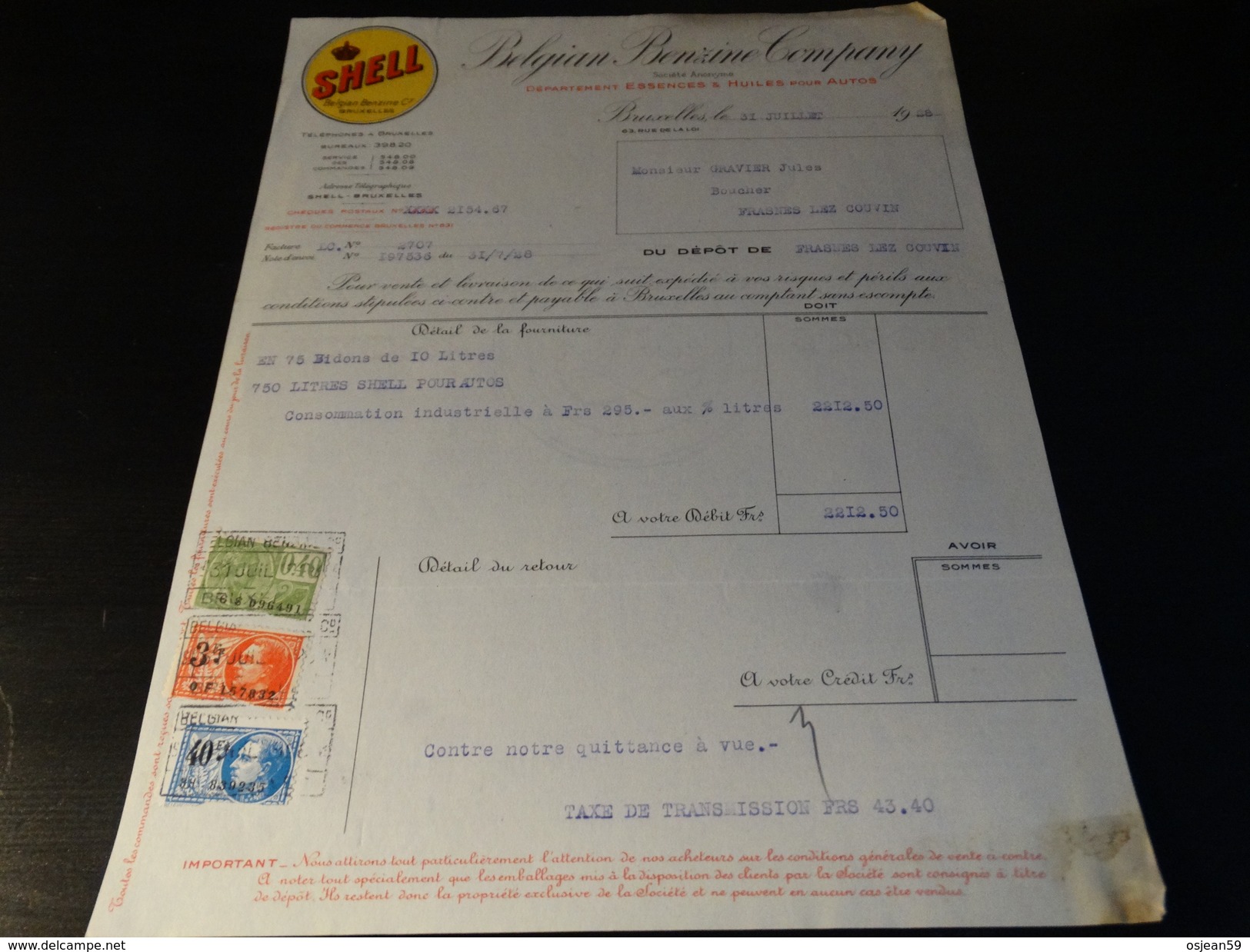 SHELL Belgian Benzine Company - Facture Du 31/07/1928 - Automobile