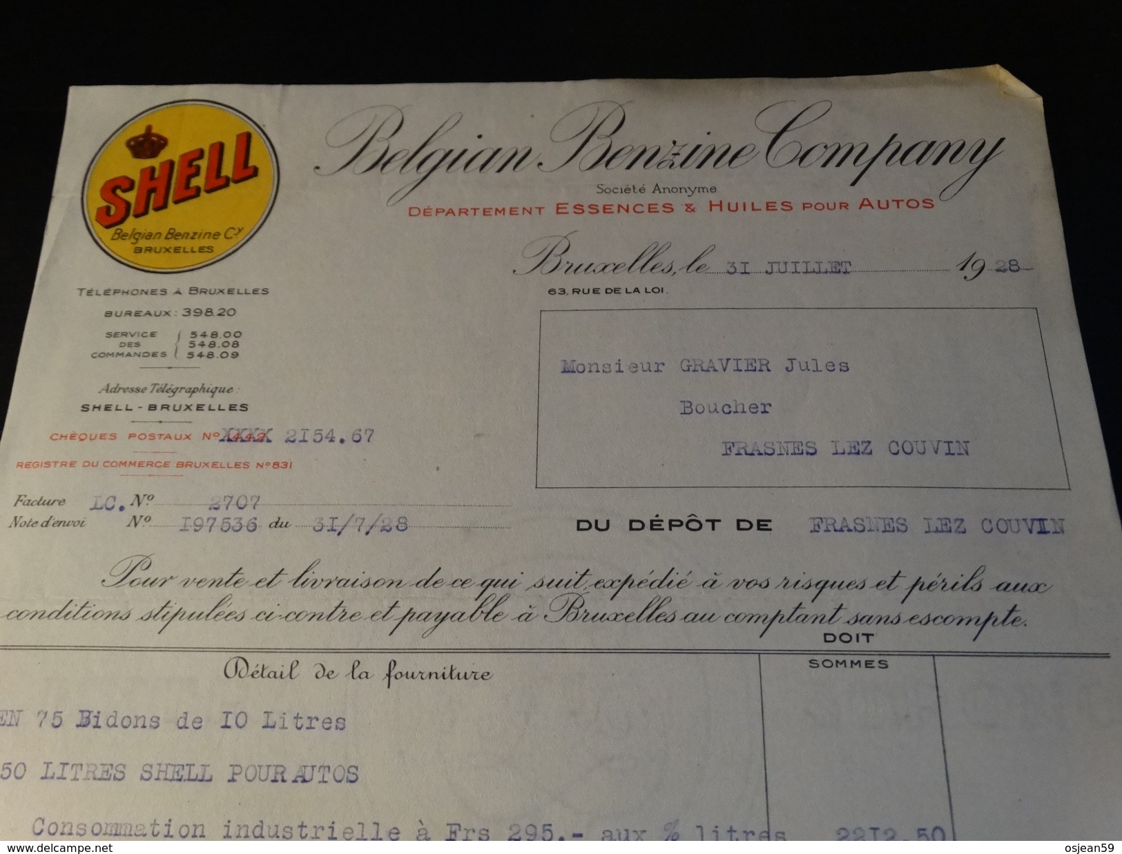 SHELL Belgian Benzine Company - Facture Du 31/07/1928 - Automobil