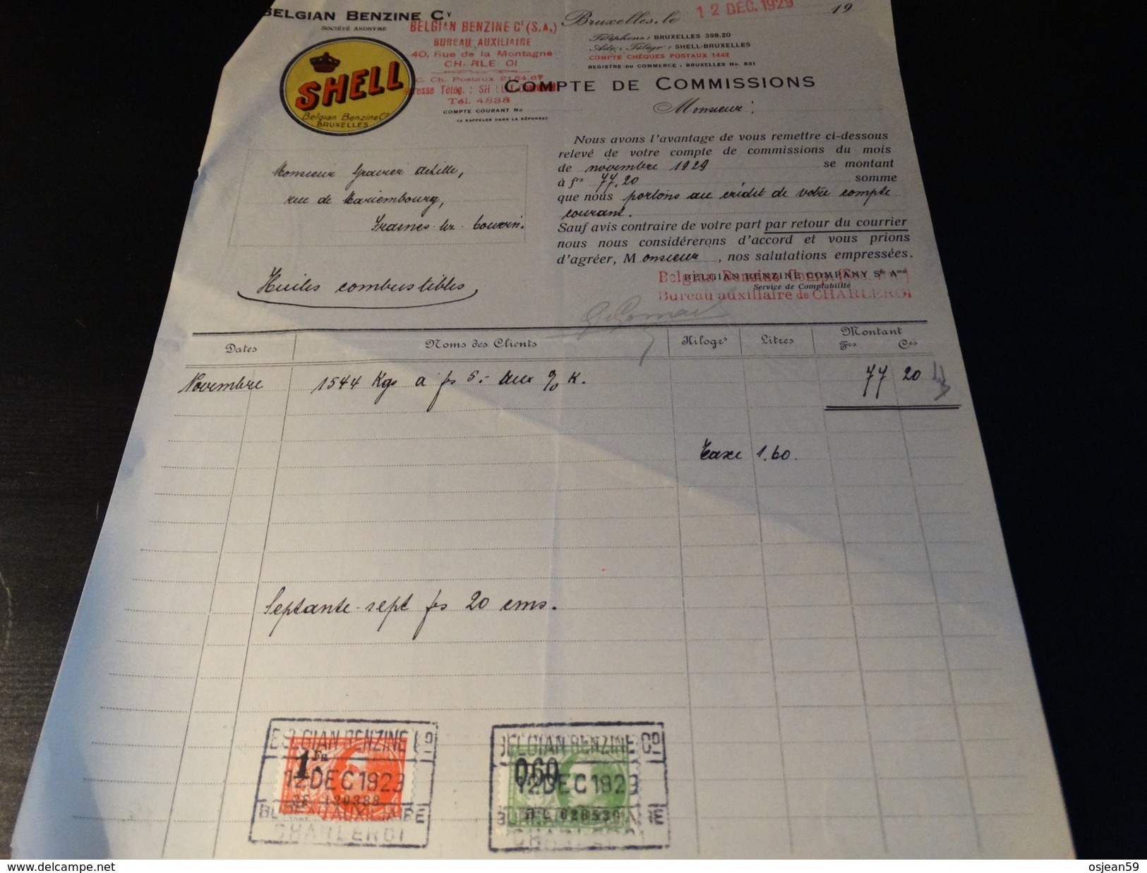 SHELL Belgian Benzine Company - Document Du 12/12/1929 - Automobilismo