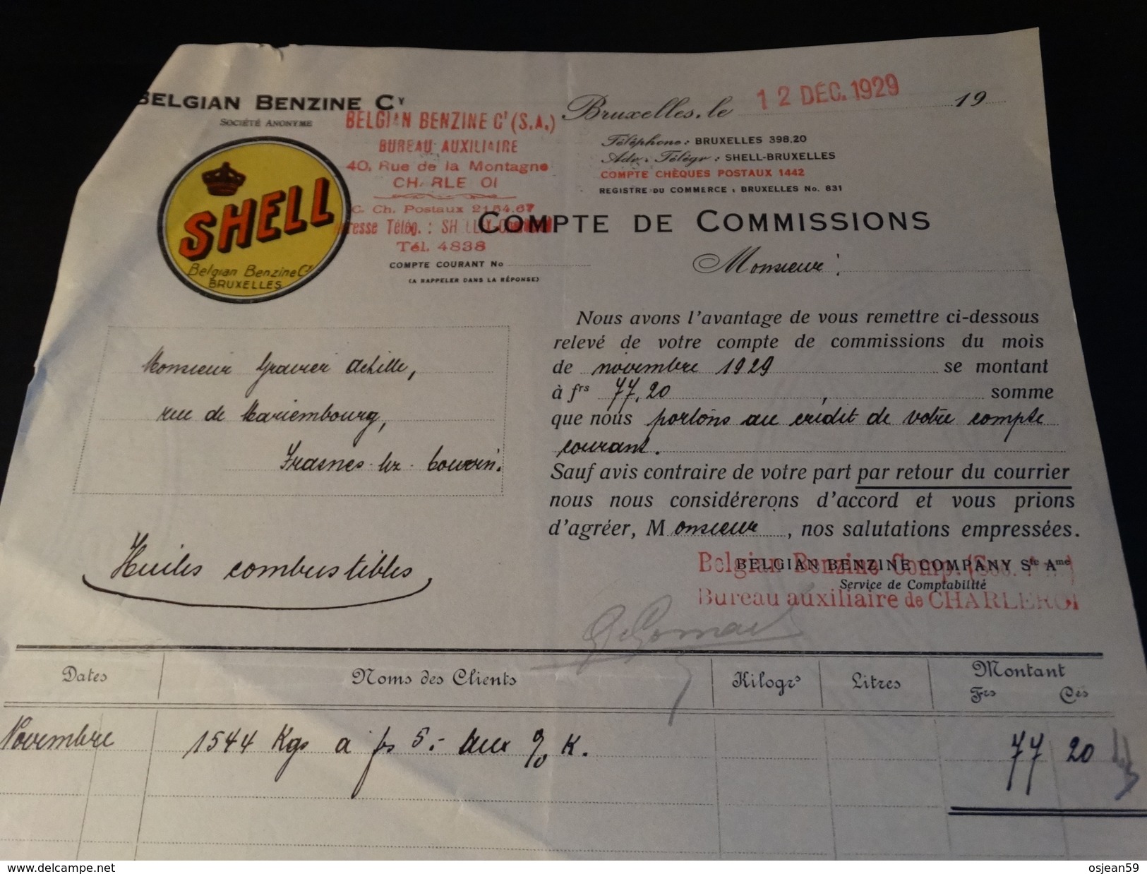 SHELL Belgian Benzine Company - Document Du 12/12/1929 - Automobil