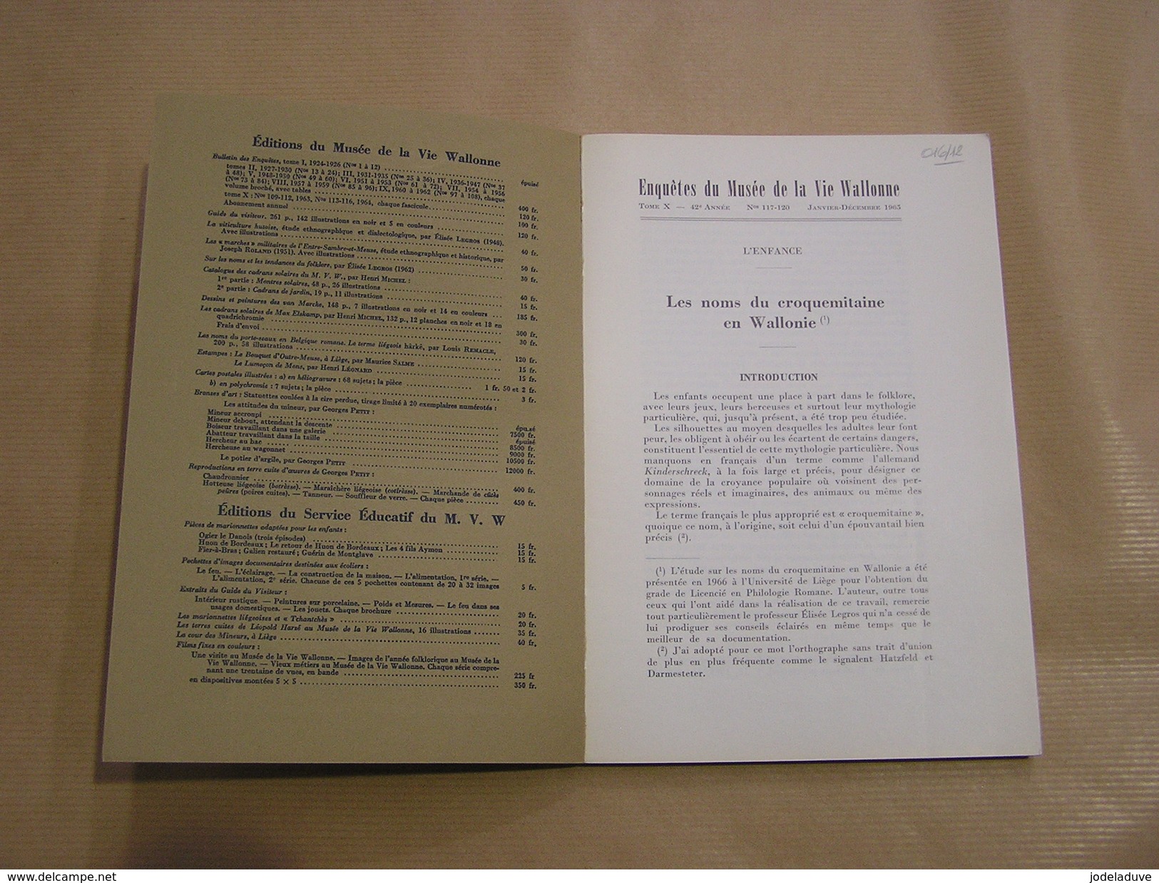 ENQUETES DU MUSEE DE LA VIE WALLONNE N° 117 à 120 Régionalisme Nom Croquemitaine Enfance Parler Patois Wallon Folklore - Belgique