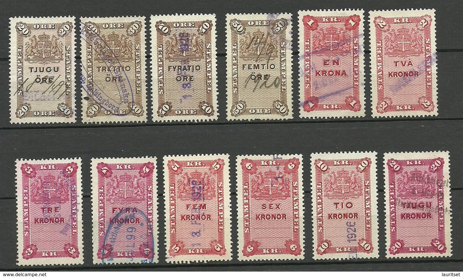 SCHWEDEN Sweden 12 Stempelmarken Documentary Stamps O - Steuermarken