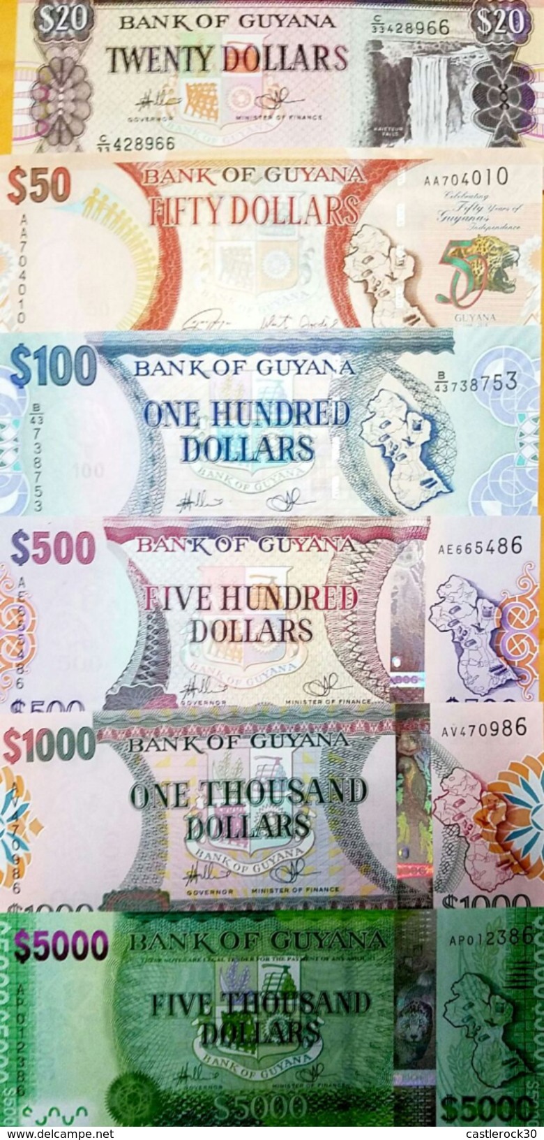 O) 2016 GUYANA, BANKNOTE, COMPLETE SERIES OF GYD-GUYANES DOLLAR-ISO 4217-UNC, WATERFALL, PANTHER, INDEPENDENCE, ARCHITEC - Guyana