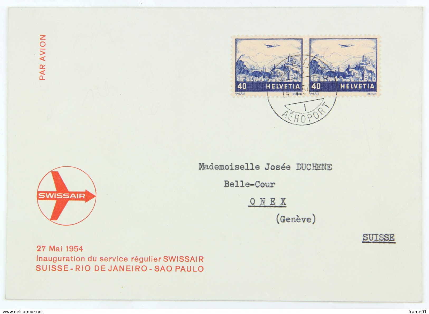 Enveloppe 1950 Geneve Aeroport --> Onex, Affr. 80c Paire Mi 388, Zum 37 - Covers & Documents