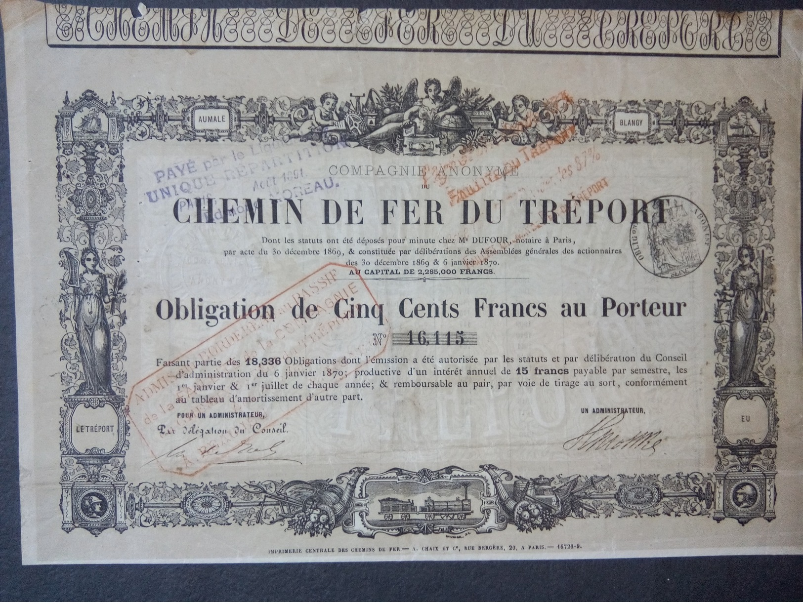 1 Chemin De Fer TREPORT 1869 Obligation 500 FR + Coupons - Autres & Non Classés