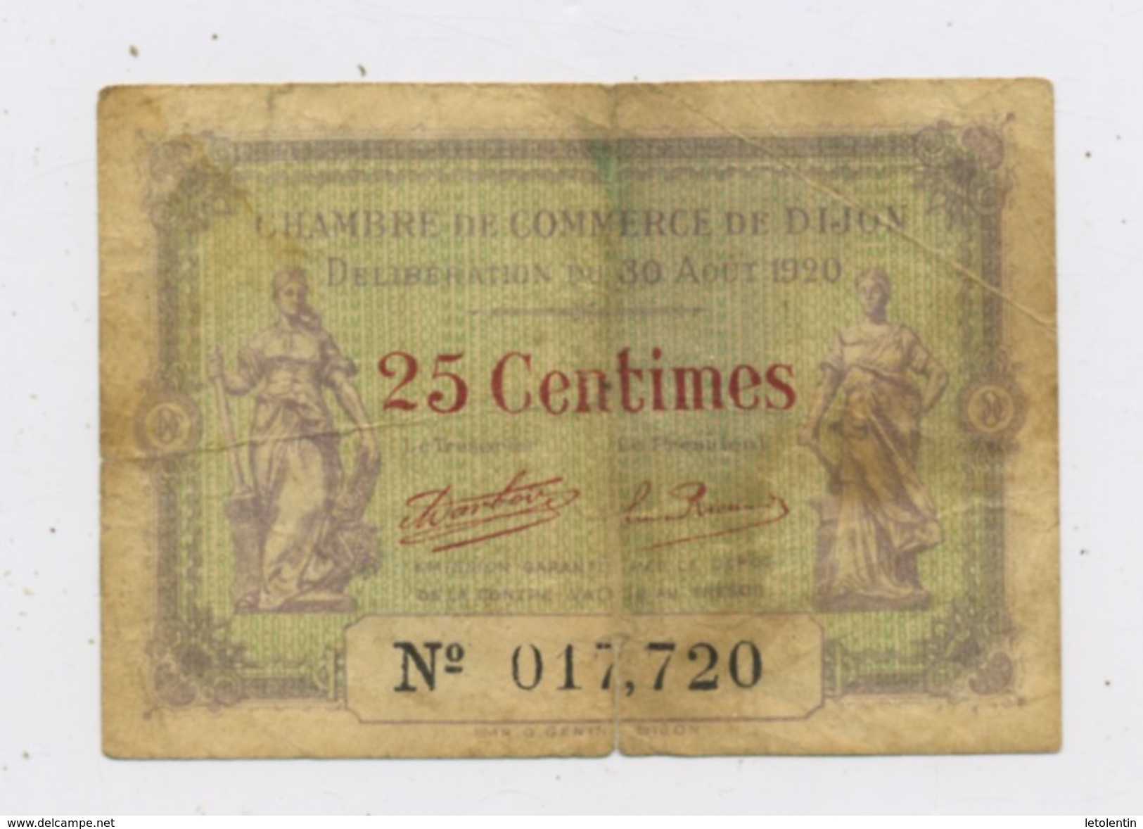 FRANCE - BILLET DE 25 Cts DE LA CHAMBRE DE COMMERCE DE DIJON - Camera Di Commercio