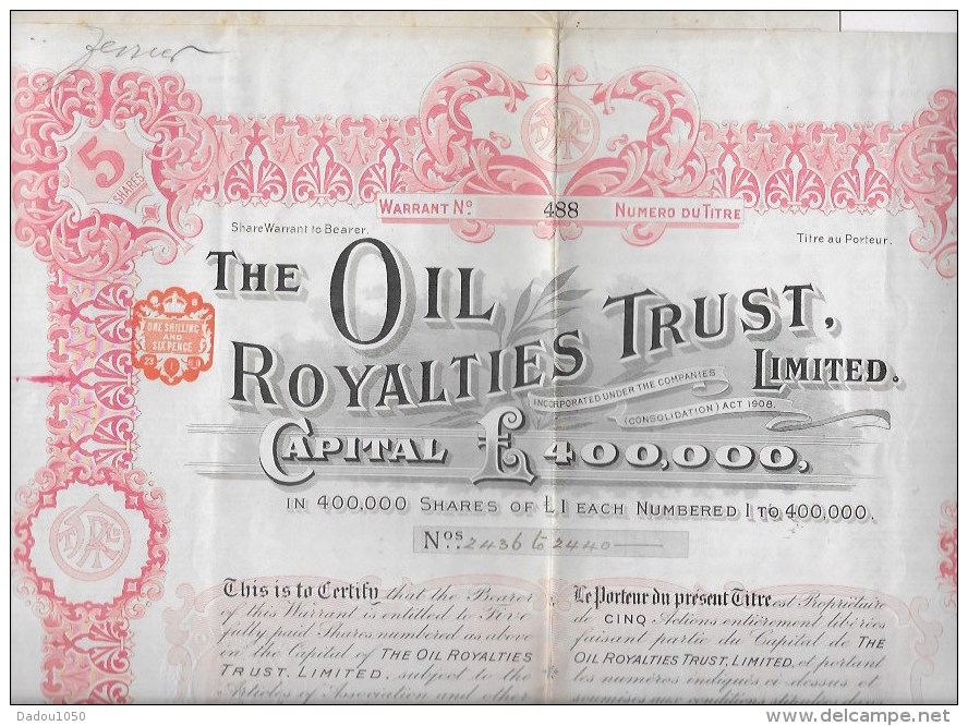 THE OIL ROYALTIES TRUST  Numéro 488 Année 1911 - Oil