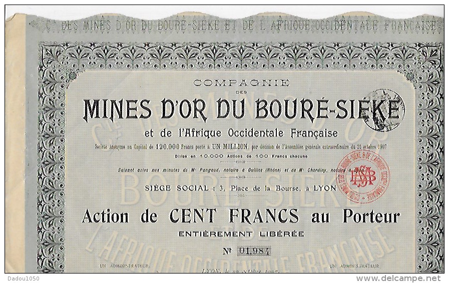 Action Mines D'or Du Bouré Siéké Numéro 01984 Année 1907 - Autres & Non Classés