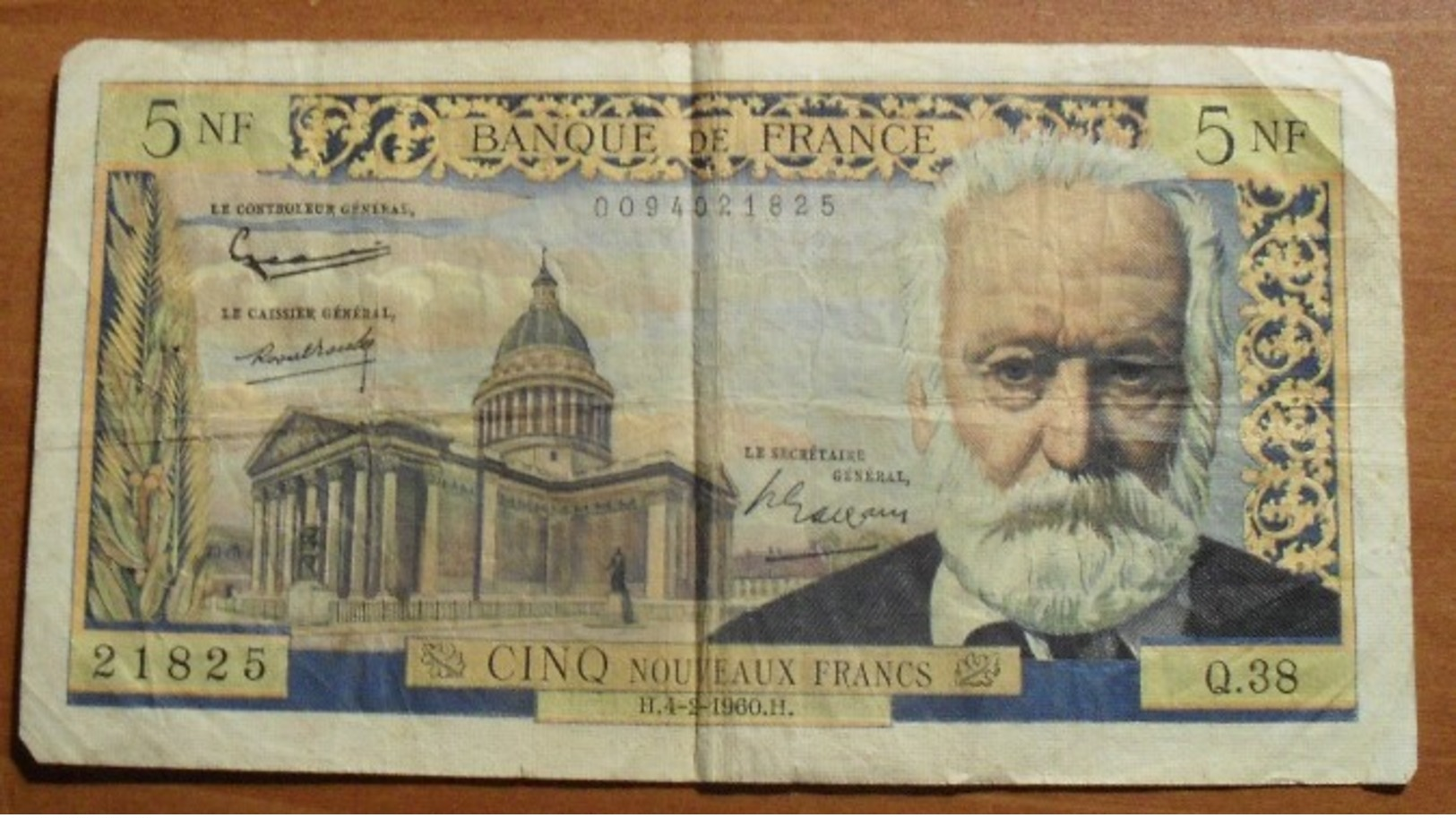 1960 - France - CINQ NOUVEAUX FRANCS, Victor Hugo - H.4-2-1960.H. Q.38  21825 - 5 NF 1959-1965 ''Victor Hugo''