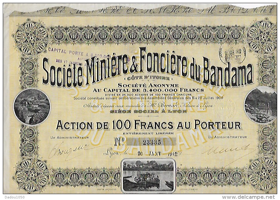 Action Société Miniere Et Fonciere Du Bandama  Numéro23335 Année 1909 - Autres & Non Classés