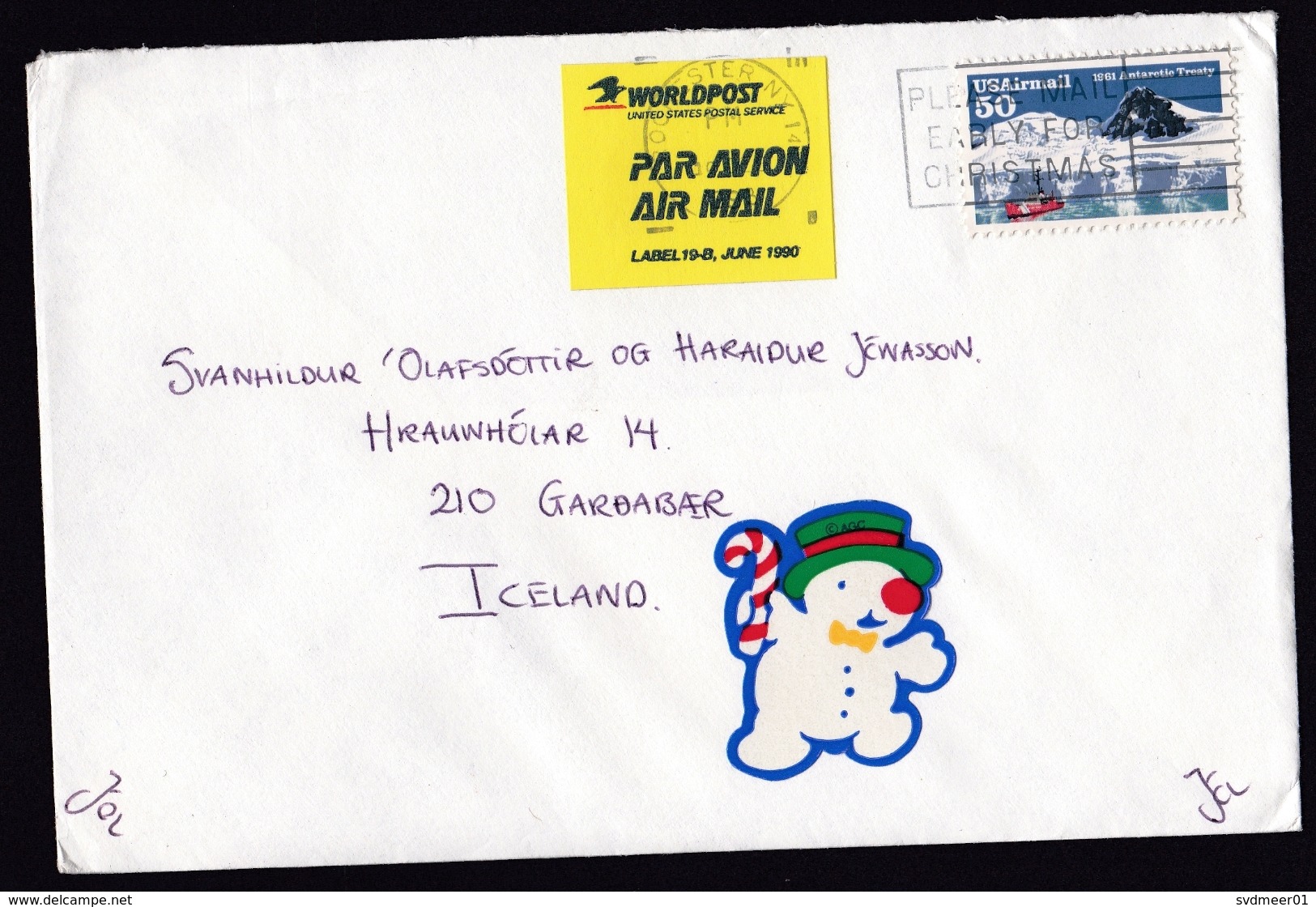 USA: Airmail Cover To Iceland, 1993, 1 Stamp, Antarctic Treaty, Yellow Air Label Worldpost (traces Of Use) - Covers & Documents