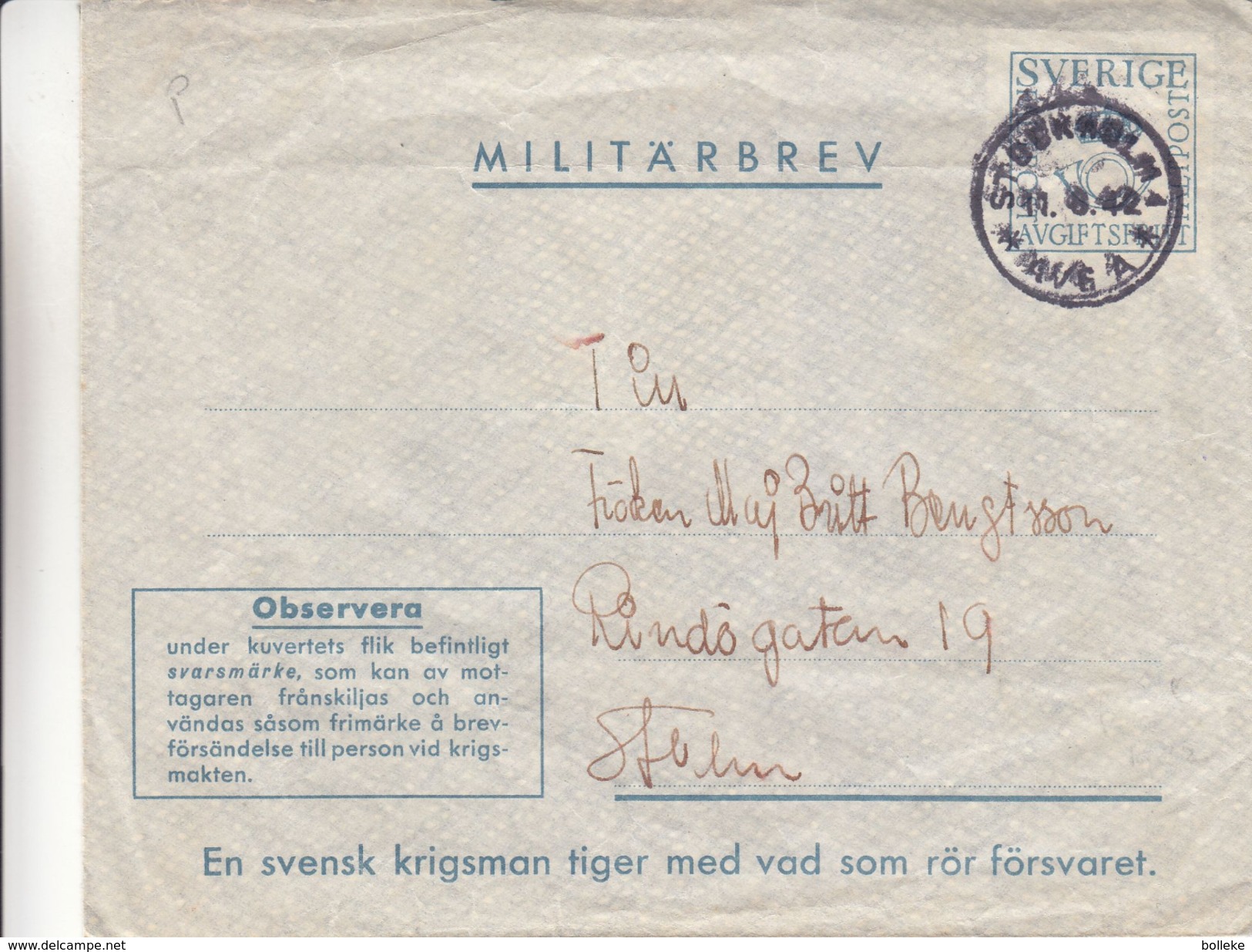 Suède - Lettre Militaire De 1942 ° - Oblitération Stockholm - - Militaires
