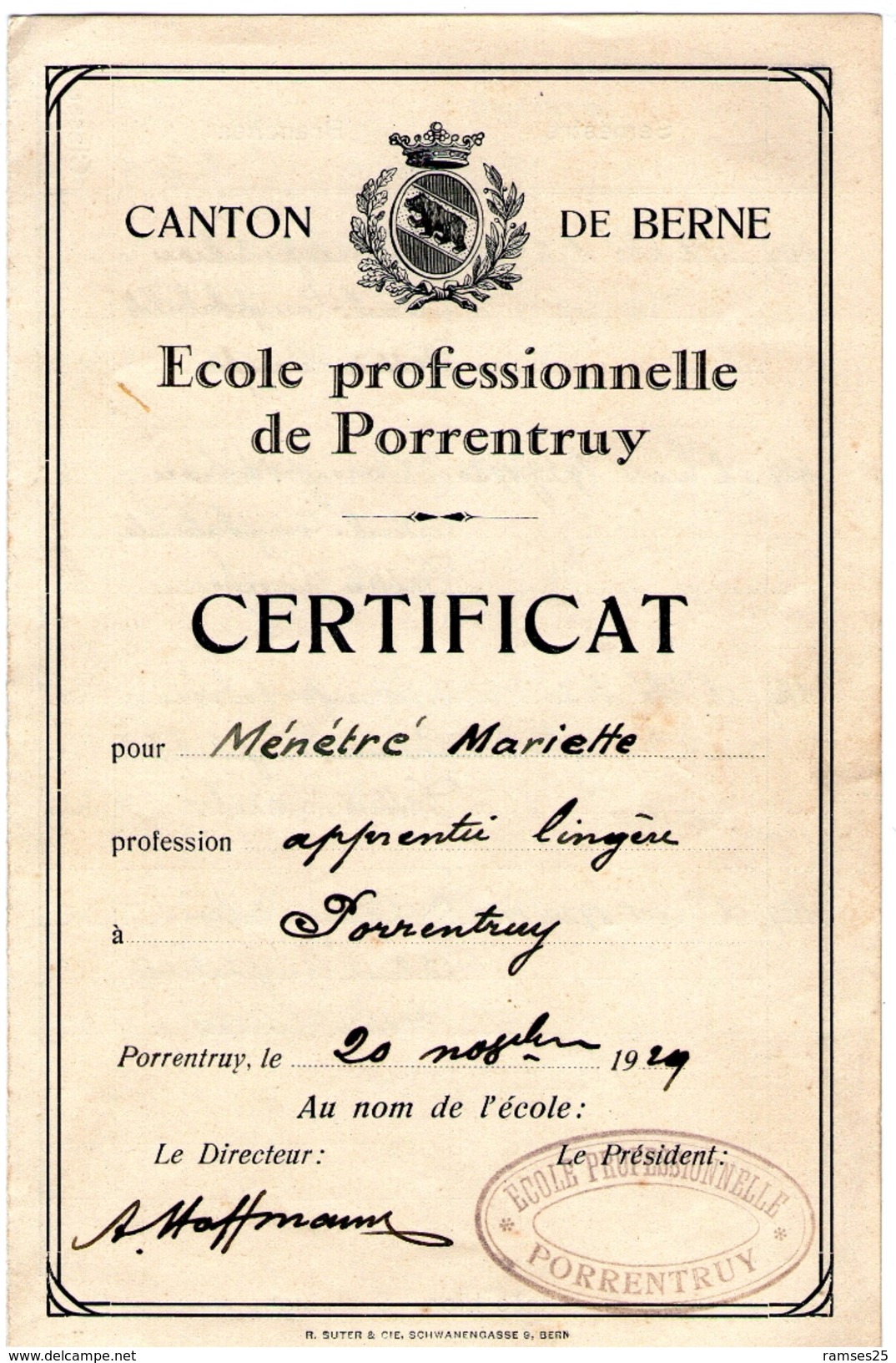 Certificat Original  Ecole Professionnelle De   Porrentruy 1929 ( Bon Etat ) - Collections