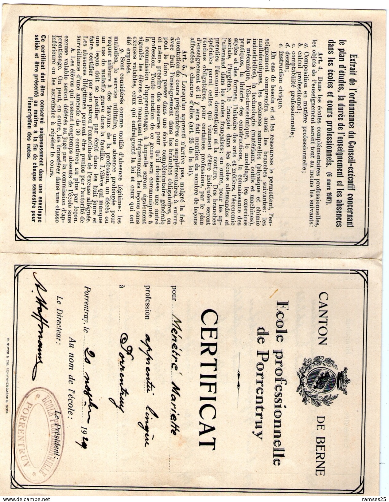 Certificat Original  Ecole Professionnelle De   Porrentruy 1929 ( Bon Etat ) - Collections