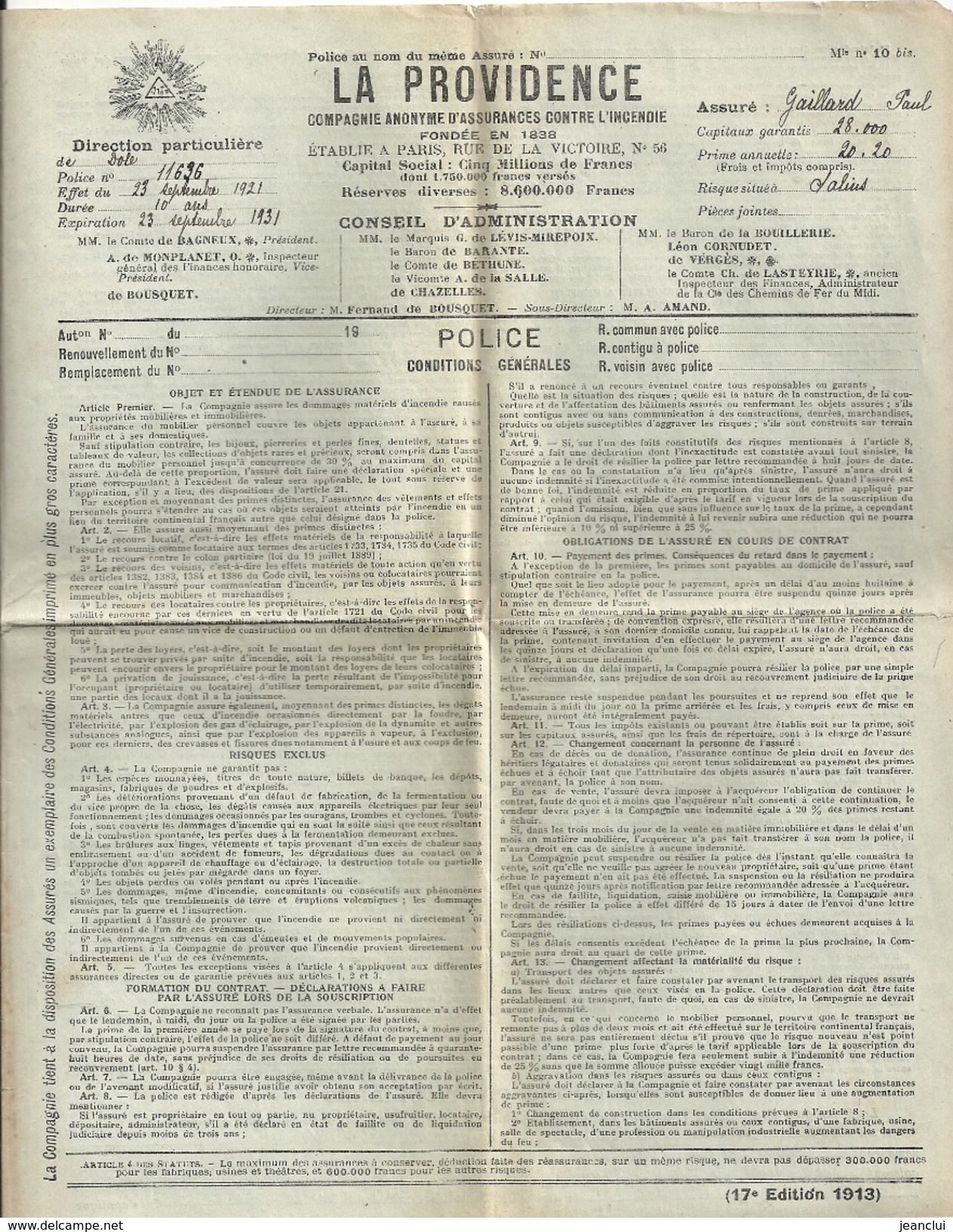 ENV + LETTRE + CONTRAT D'ASSURANCE DE " LA PROVIDENCE "E. CHAUVIN RUE JANTET A DOLE .lettre De 1954.contrat Initial 1921 - Banque & Assurance