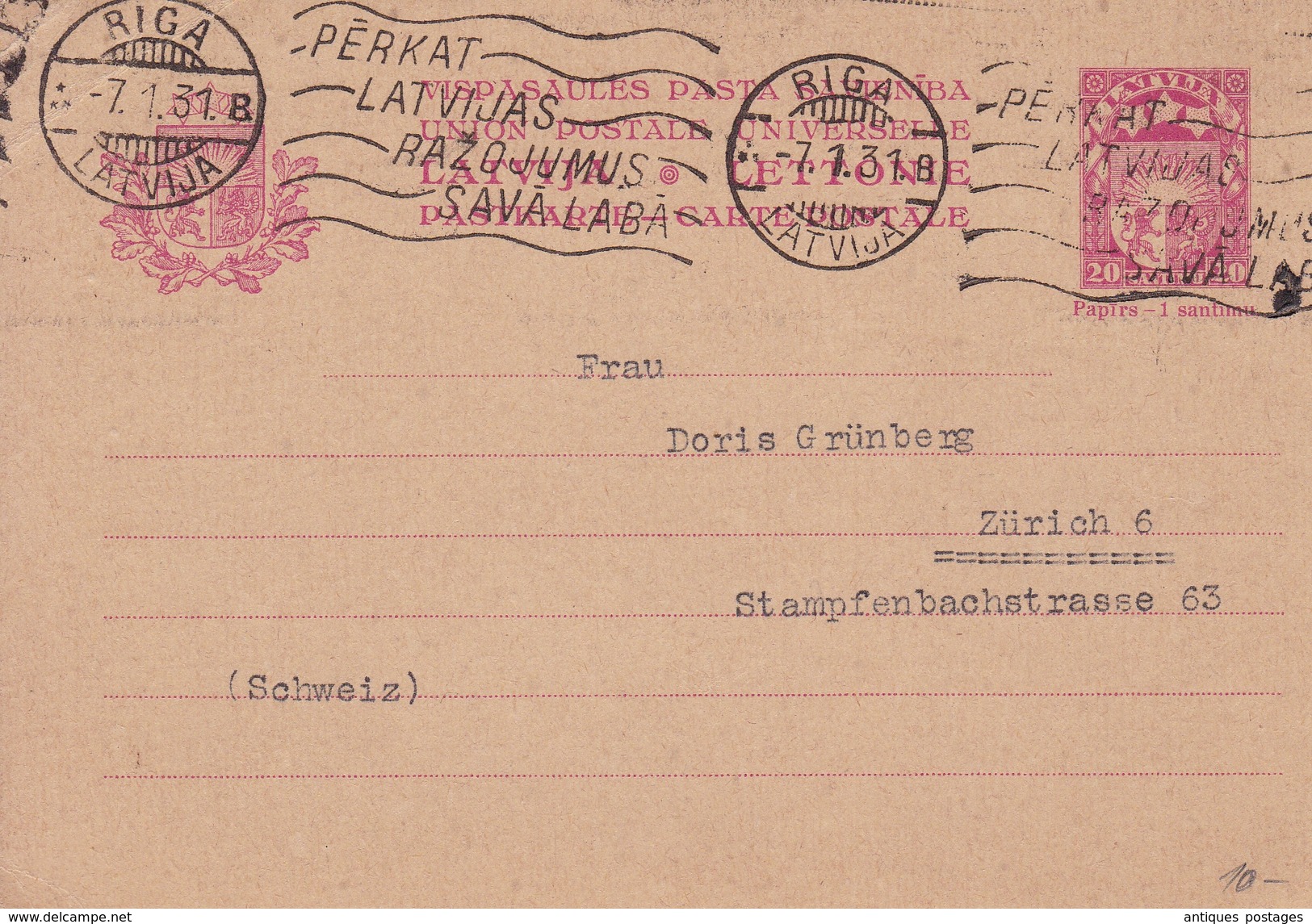 Entier Postal Riga Lettonie 1931 Latvija Pour Zurich Suisse &#x41B;&#x430;&#x442;&#x432;&#x438;&#x44F; - Lettonie