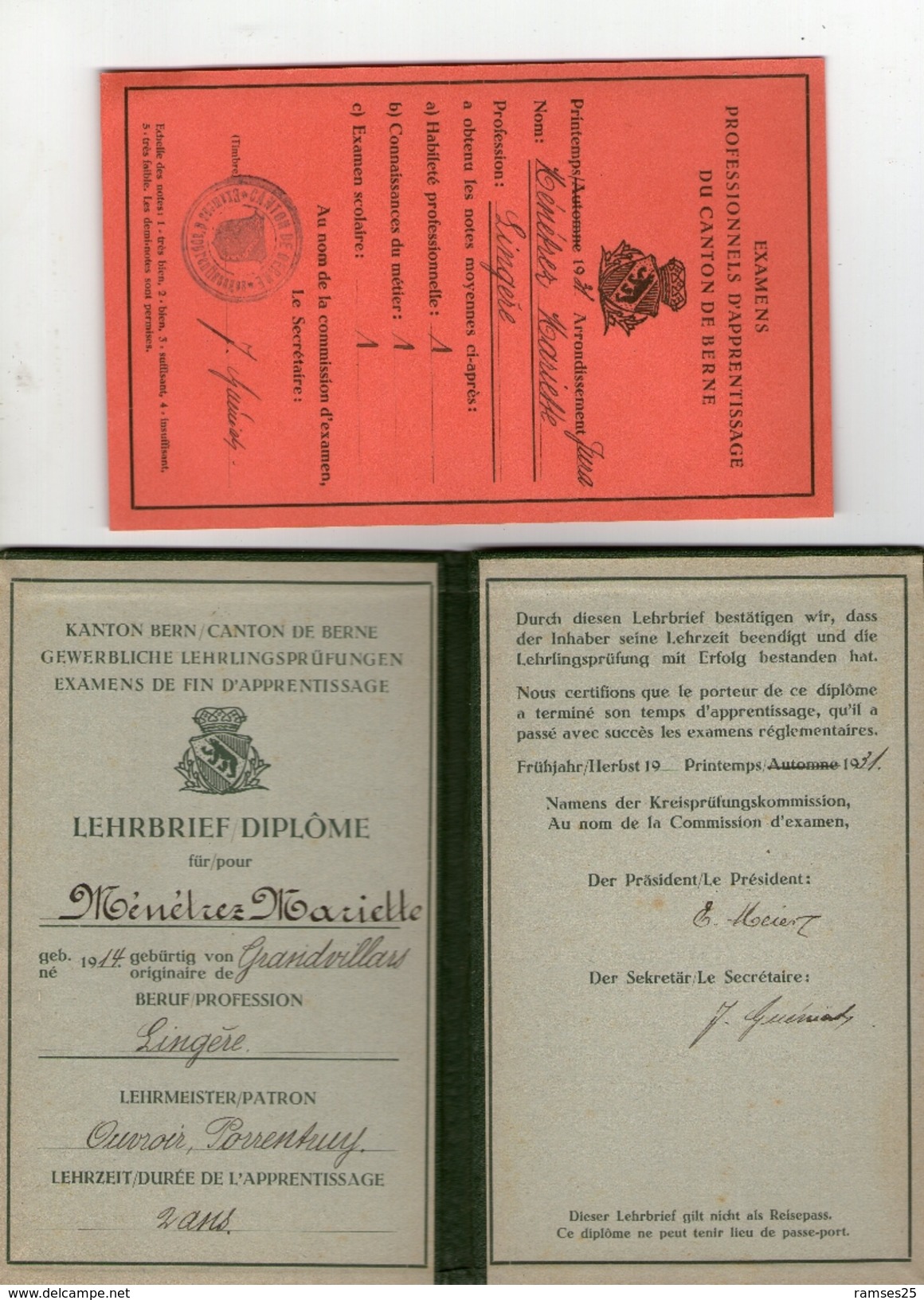 Carnet Diplome Porrentruy 1931( Bon Etat ) - Collections