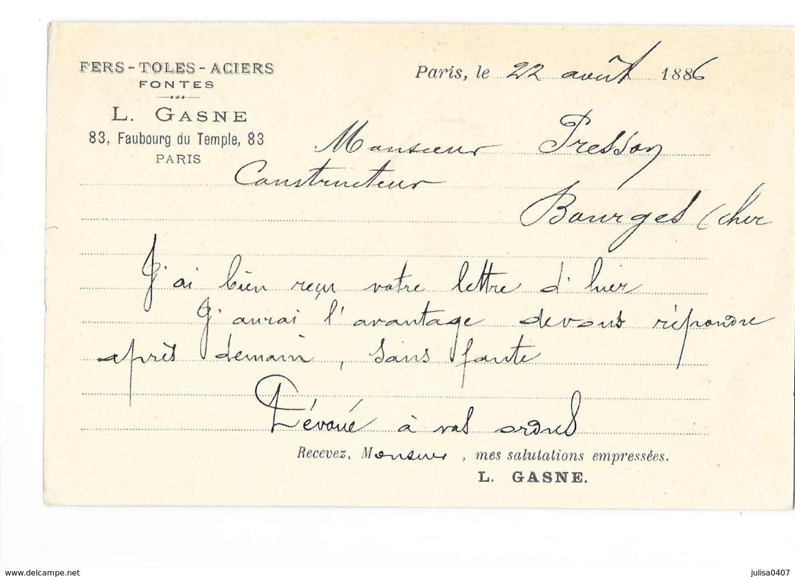 PARIS (X) Carte Commerciale Publicitaire Entier Postal Type Sage 10c Fers Toles Aciers GASNE 93 Fbg Du Temple 1886 - District 10