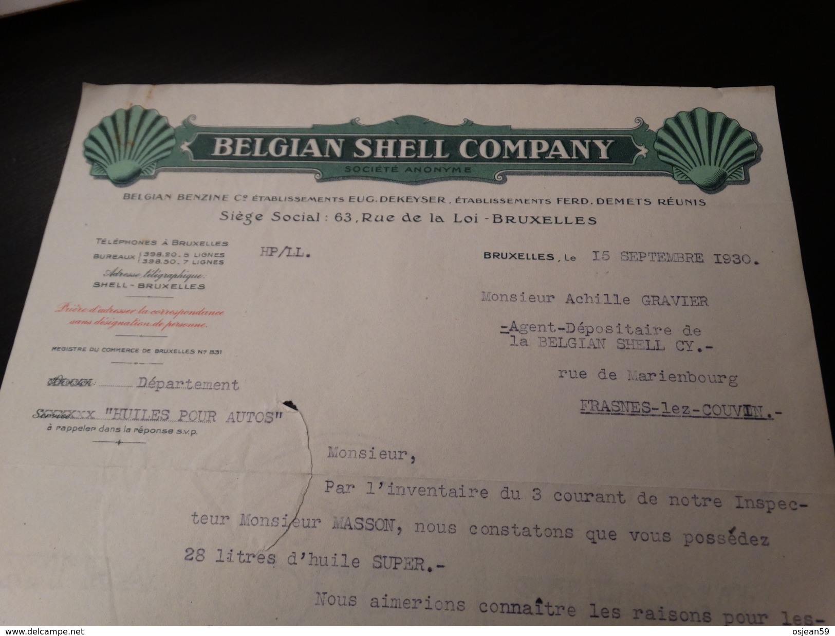 Belgian Shell Company Document Du 15/09/1930 - 1900 – 1949