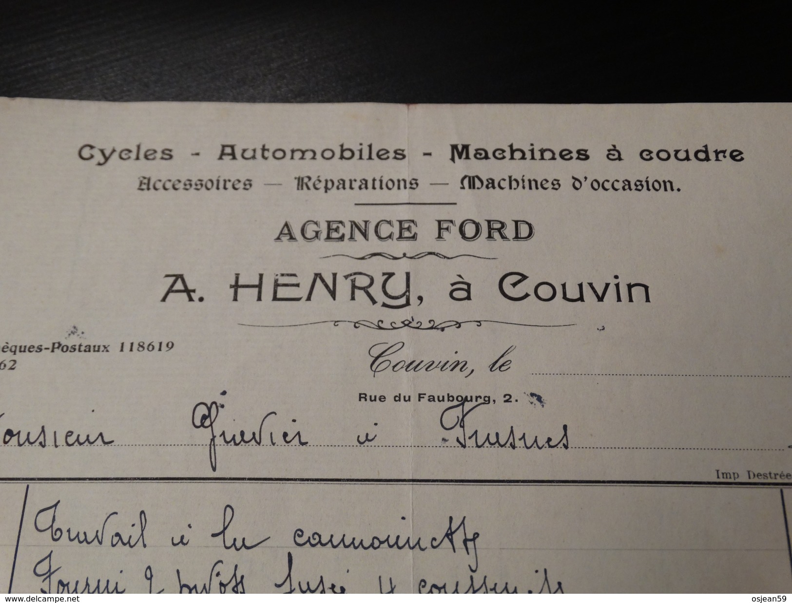 Agence FORD A. Henry,à Couvin- Facture Du 30/01/1928 - Automobil