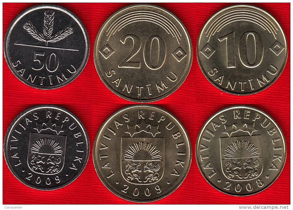 Latvia Set Of 3 Coins: 10-50 Santimu 2008-09 UNC - Latvia