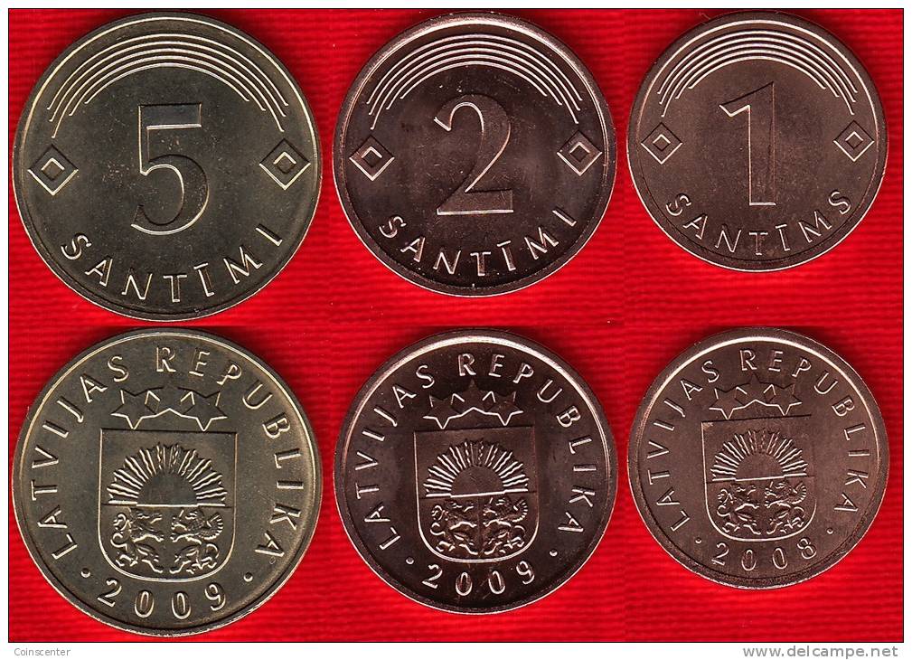 Latvia Set Of 3 Coins: 1-5 Santimi 2008-09 UNC - Latvia