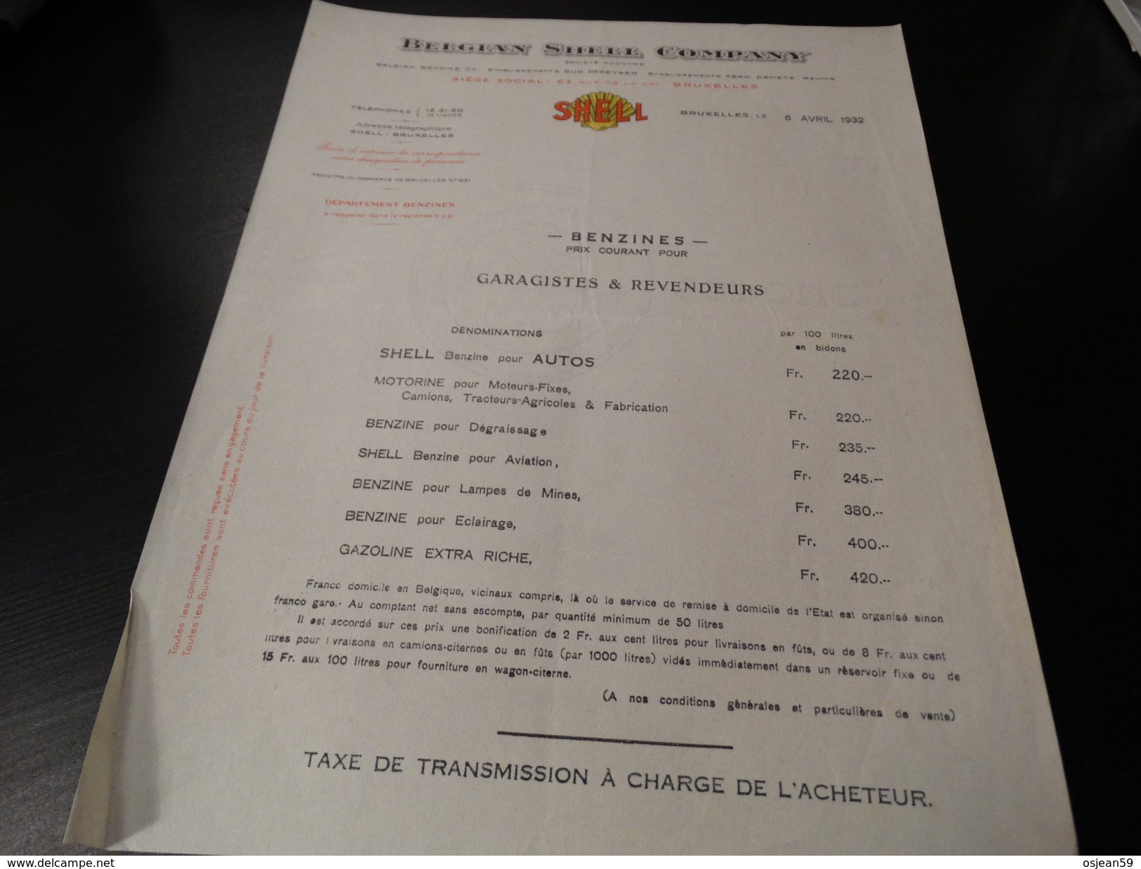 Belgian Shell Company - Prix Courant Pour Garagistes Et Revendeurs 06/04/1932 - Other & Unclassified