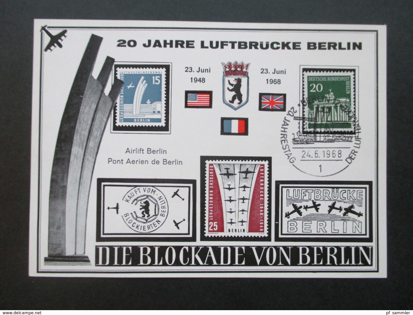 Berlin Sonderpostkarte 20 Jahre Luftbrücke Berlin 1968. Sonderblock. Kleine Auflage. 4 Stück!! - Cartas & Documentos