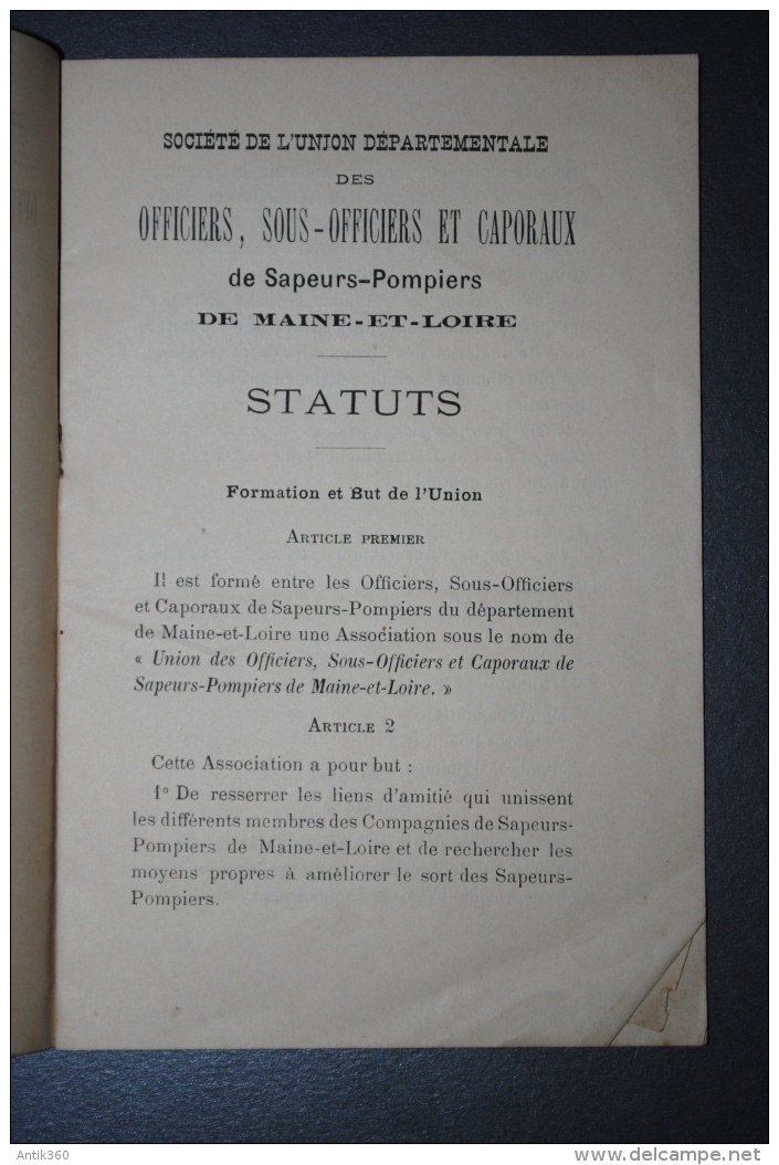 Ancien Livret  Des Statuts Union Départementale Des Sapeurs-Pompiers Du Maine Et Loire Angers 1890 - Pompiers