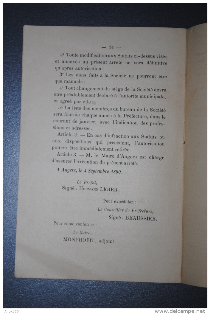 Ancien Livret  Des Statuts Union Départementale Des Sapeurs-Pompiers Du Maine Et Loire Angers 1890 - Pompiers