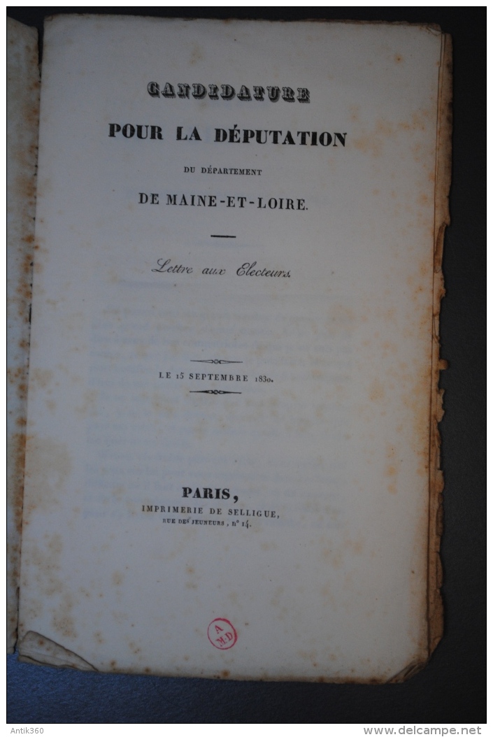 Rare Document Propagande Politique Candidature à La Députation Maine Et Loire 1830 F. Grillé Ainé - Non Classés