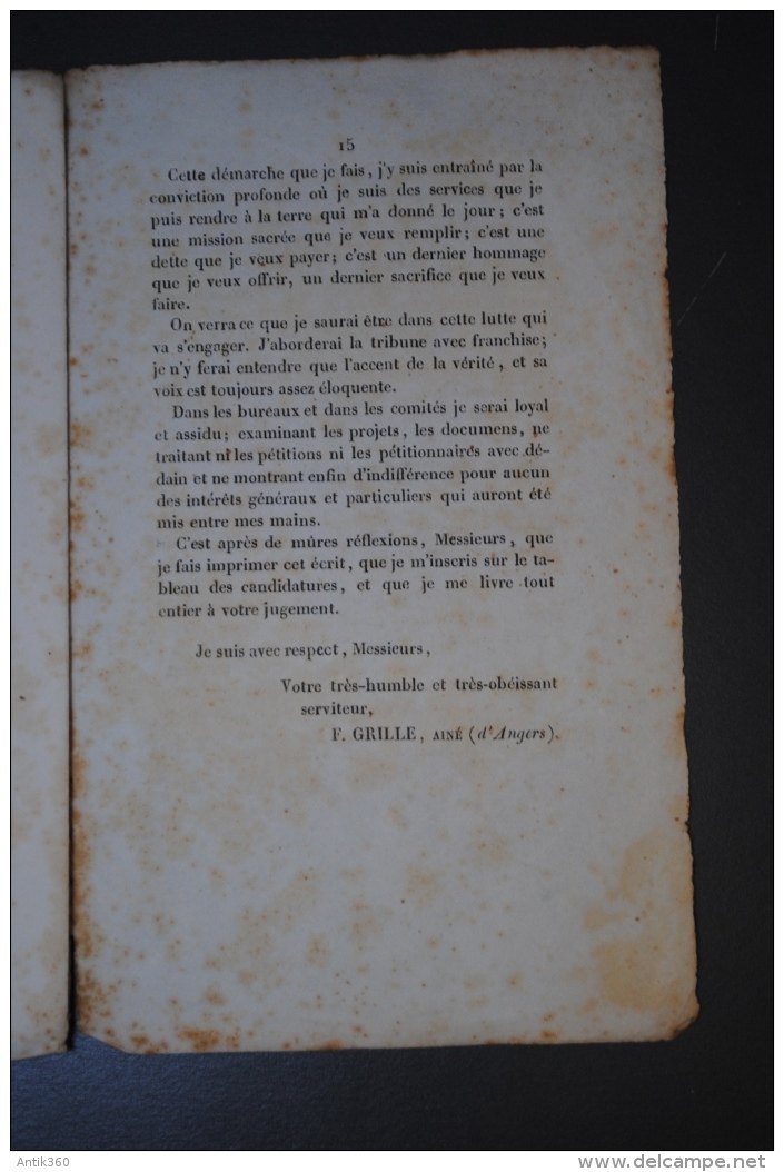 Rare Document Propagande Politique Candidature à La Députation Maine Et Loire 1830 F. Grillé Ainé - Non Classés