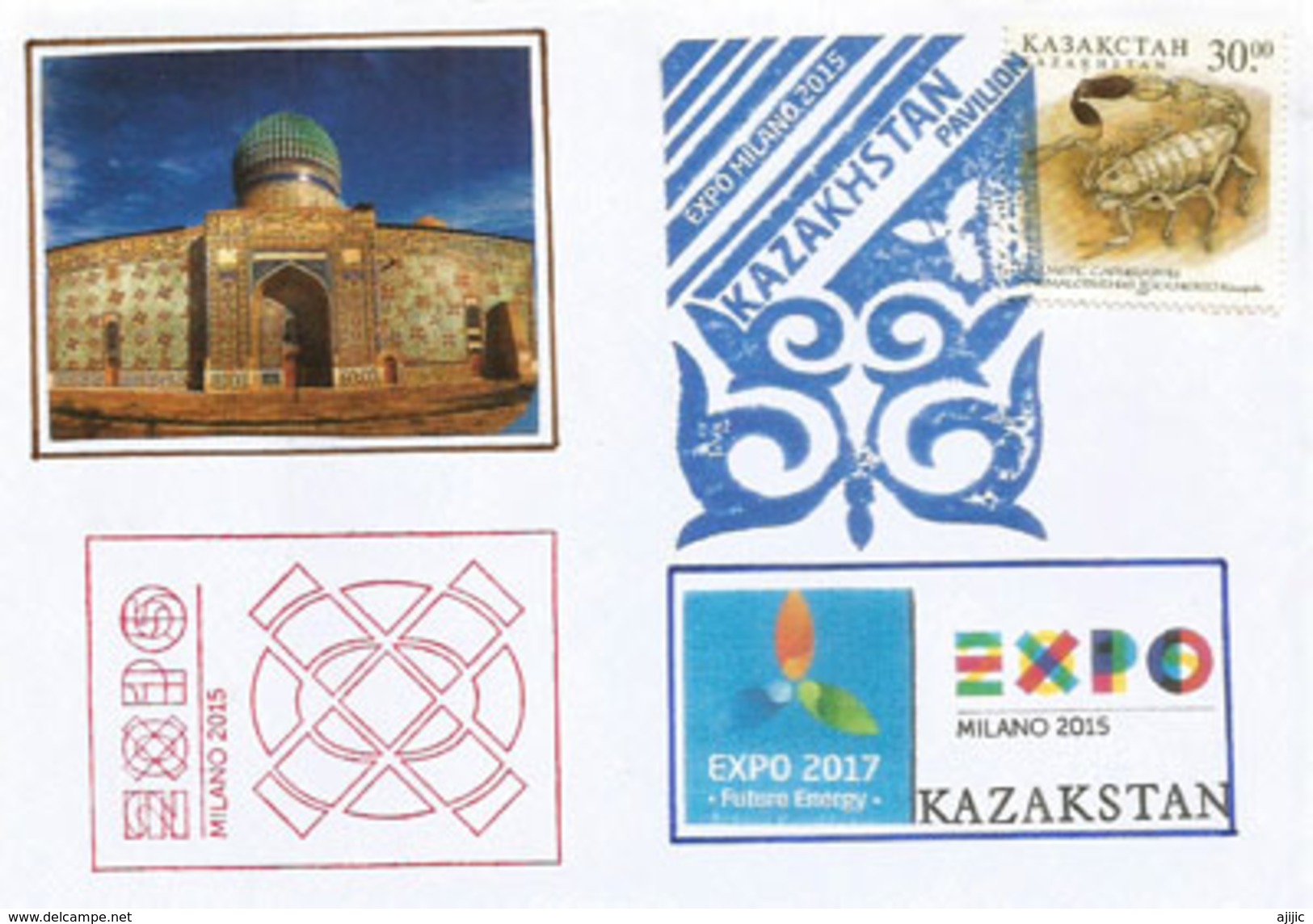 KAZAKHSTAN UNIVERSAL EXPO MILANO 2015, Lettre Du Pavillon Kazak ((Mausoleum Of Khoja Ahmed Yasawi) Avec Timbre Kazak - Kasachstan