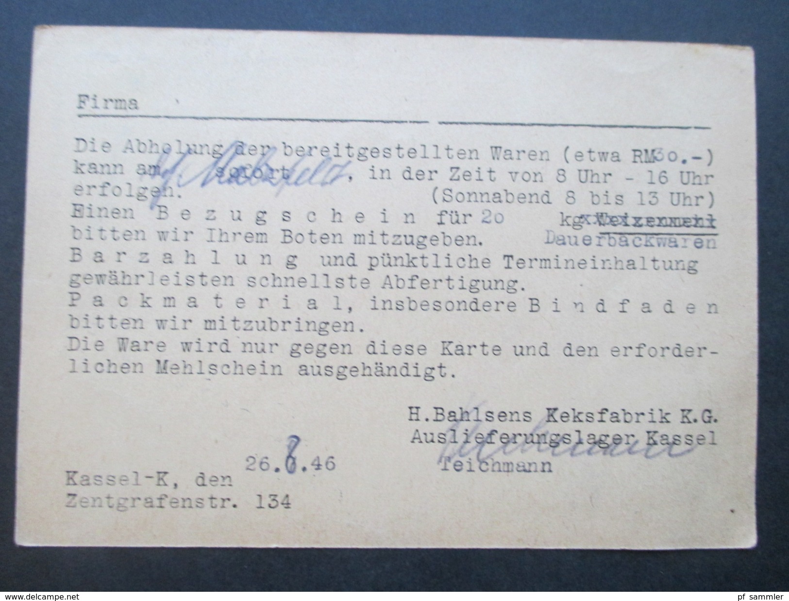 Alliierte Besetzung 1946 Gemeinschaftsausgabe Drucksache EF Bahlsen Keksfabrik Hannover. - Ernährung