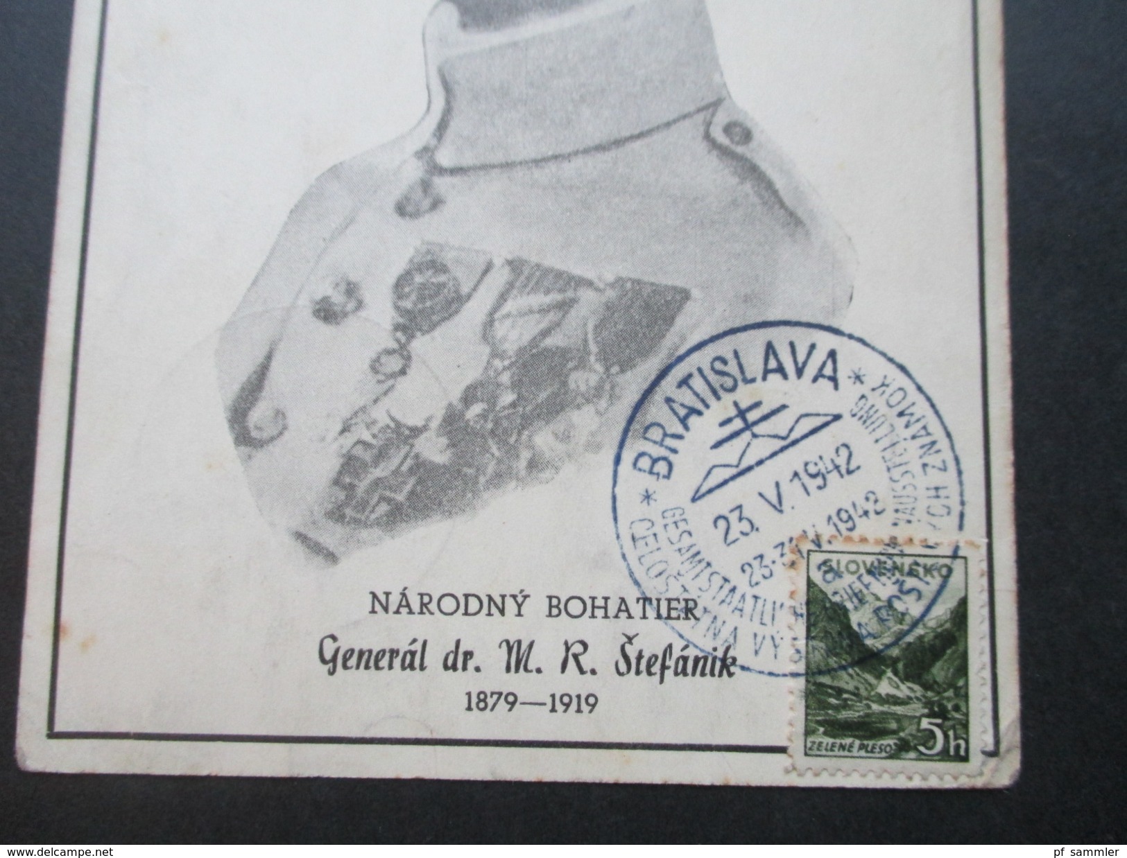 Slovenien / Tschechien 1942 Sonderkarte Narodny Bohatier. General Dr. M. R. Stefanik. Sonderstempel Bratislava - Slovenië